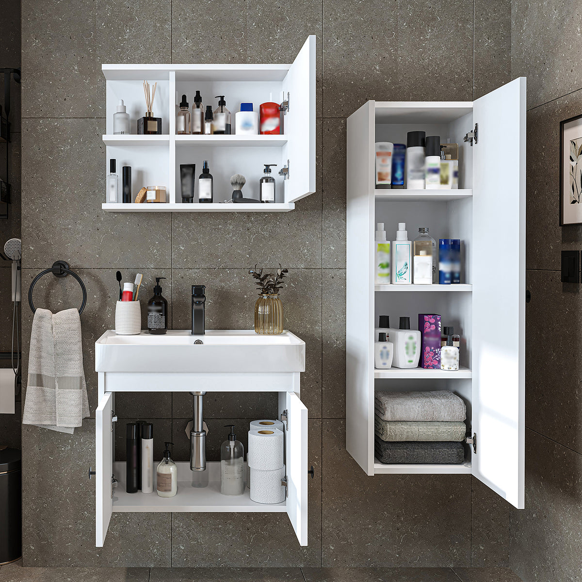 Roomart 4-teiliges Badmöbel-Set ADA, 60 cm, mit Waschbecken und Hochschrank, in 5 Farben