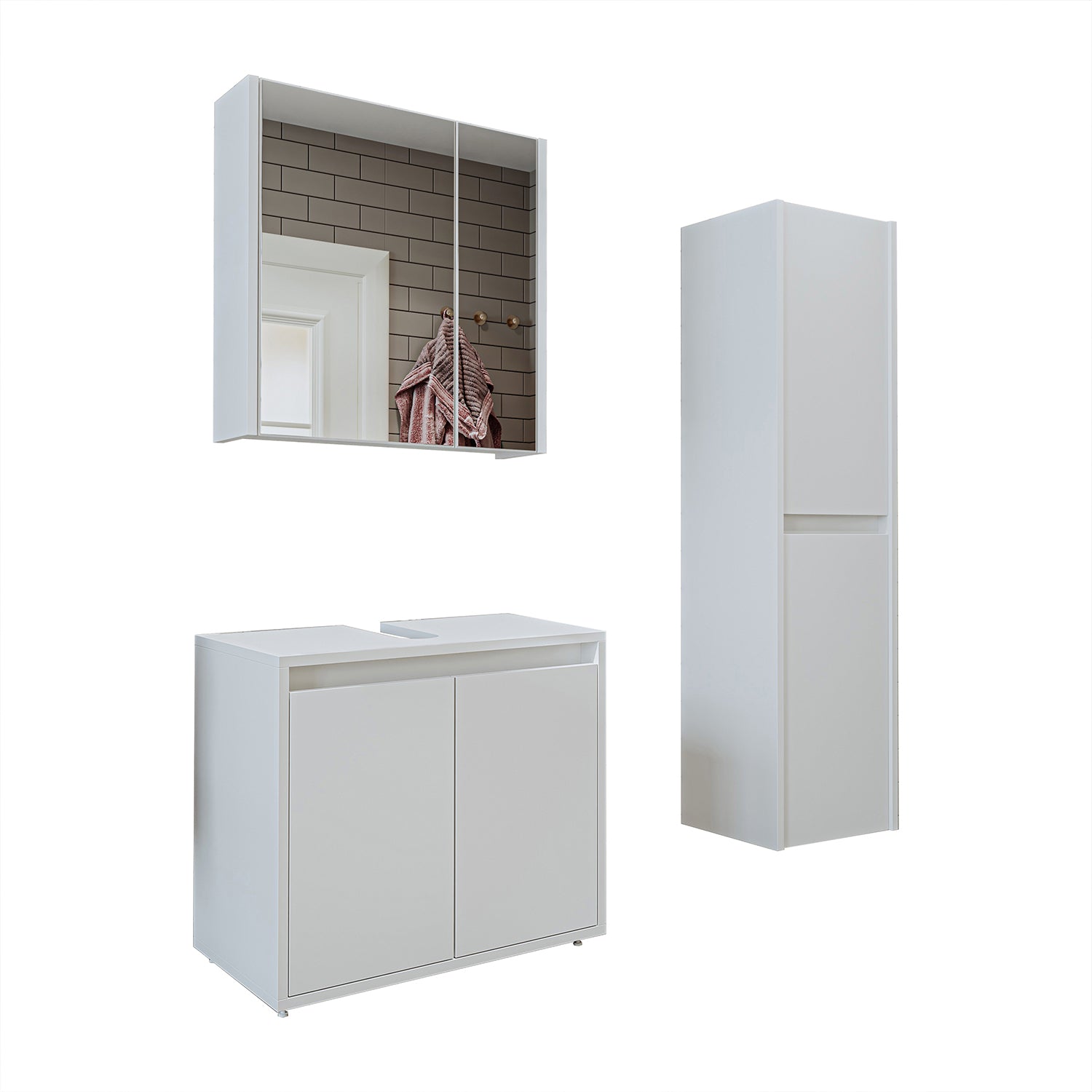 Roomart Badmöbel Set MELONA 3-teilig, in 4 Farben, 65cm Unterschrank • Spiegelschrank • Hochschrank-badezimmerschrank, waschbecken, badezimmermöbel, badschrank, badezimmer, mit, unterschrank, badmöbel, set, waschtisch, möbel, badezimmermãbel, bad, badezim
