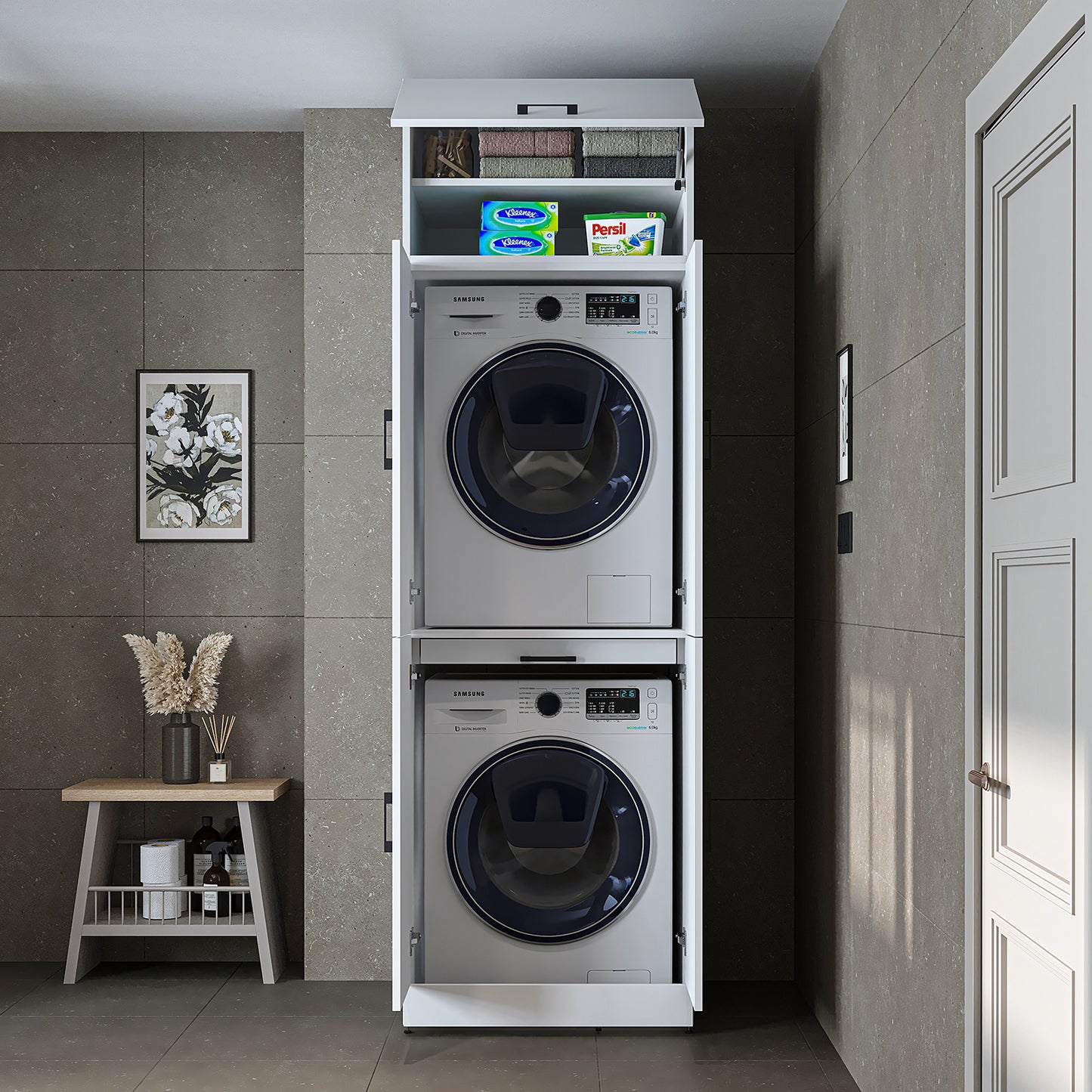 Roomart Waschmaschinenschrank " DORA " für Trockner & Waschmaschine, in 4 Farben, mit Türen & Ausziehbrett • Weiß • Weiß Eiche • Anthrazit Eiche • Eiche - waschmaschinenschrank, waschmaschinenregal, waschturm, schrank, weiß, waschmaschinen, unterschrank,