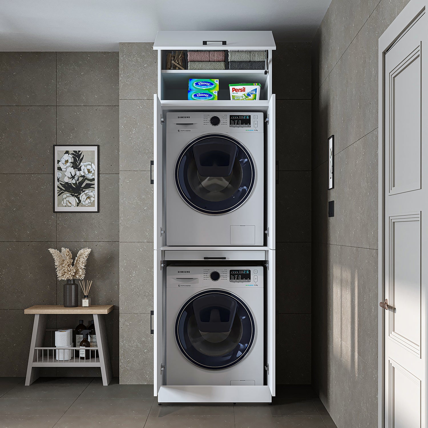 Roomart Waschmaschinenschrank " DORA " für Trockner & Waschmaschine, in 4 Farben, mit Türen & Ausziehbrett • Weiß • Weiß Eiche • Anthrazit Eiche • Eiche - waschmaschinenschrank, waschmaschinenregal, waschturm, schrank, weiß, waschmaschinen, unterschrank,