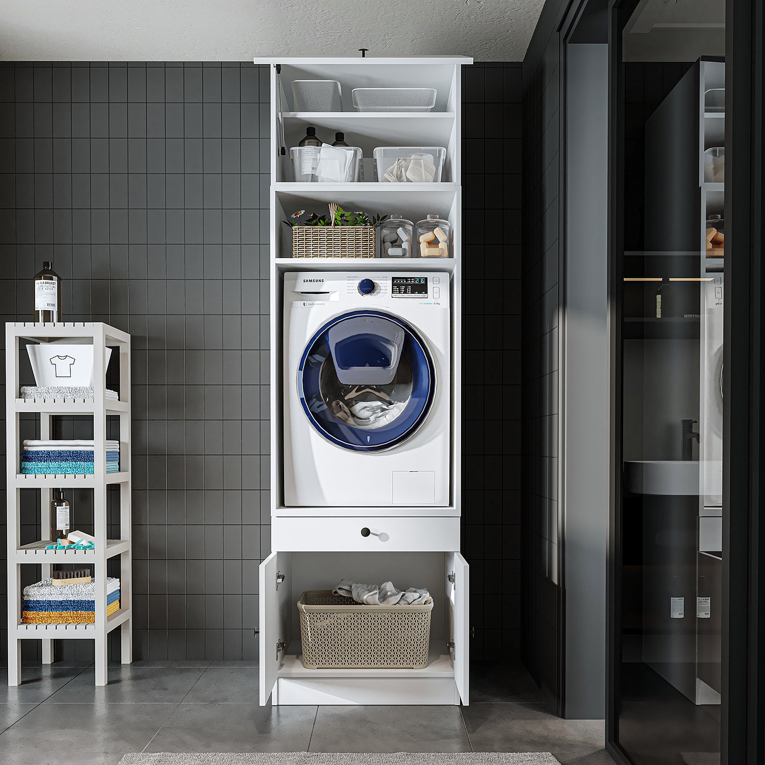 Roomart Waschmaschinenschrank mit Ausziehbrett • Weiß • Eiche • Schwarz eiche - waschmaschinenschrank, waschmaschinenregal, waschturm, schrank, weiß, waschmaschinen, unterschrank, waschmaschine, trockner, haushaltsschrank, schränke, badschrank, hochschran