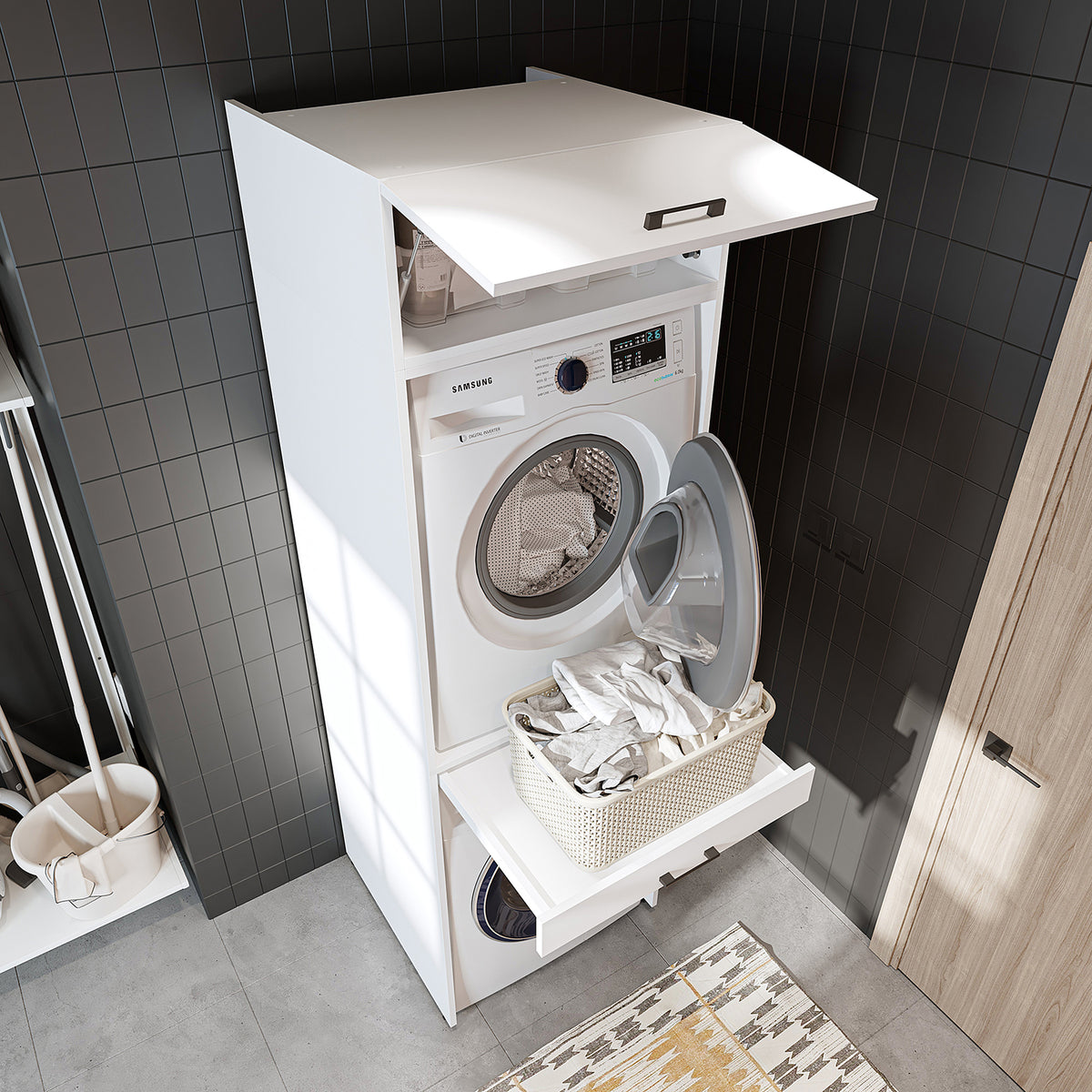 Roomart Waschmaschinenschrank für Trockner & Waschmaschine, in 3 Farben, mit Ausziehbrett • Weiß • Eiche • Schwarz Eiche - waschmaschinenuntergestelle, dämpfer waschmaschine, waschmaschinen aufsatz für trockner, unterschrank waschmaschine, kühlschrank erh