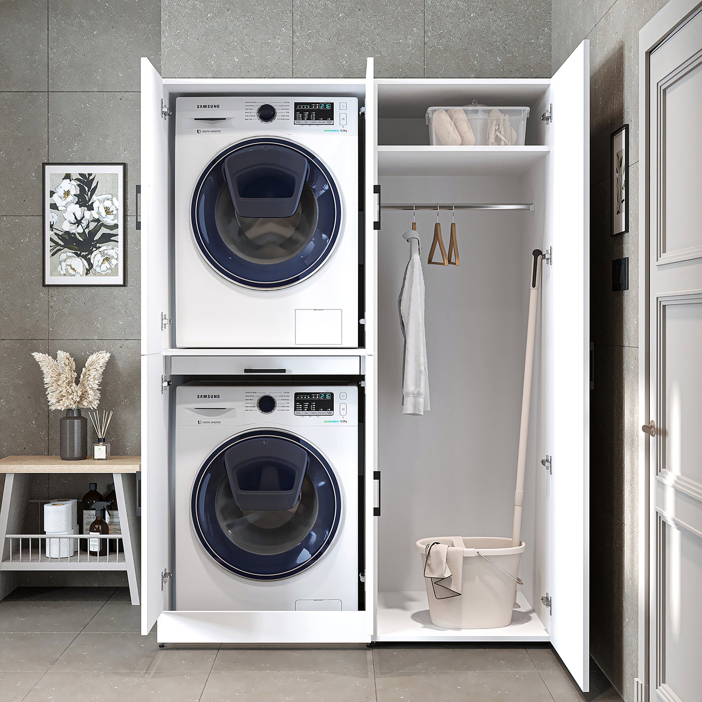 Roomart Waschmaschinenschrank " DORA SET" für Trockner & Waschmaschine, 130 cm breit, in 4 Farben, mit Türen & Ausziehbrett • Weiß • Weiß Eiche • Anthrazit Eiche • Eiche - waschmaschinenschrank, waschmaschinenregal, waschturm, schrank, weiß, waschmaschine