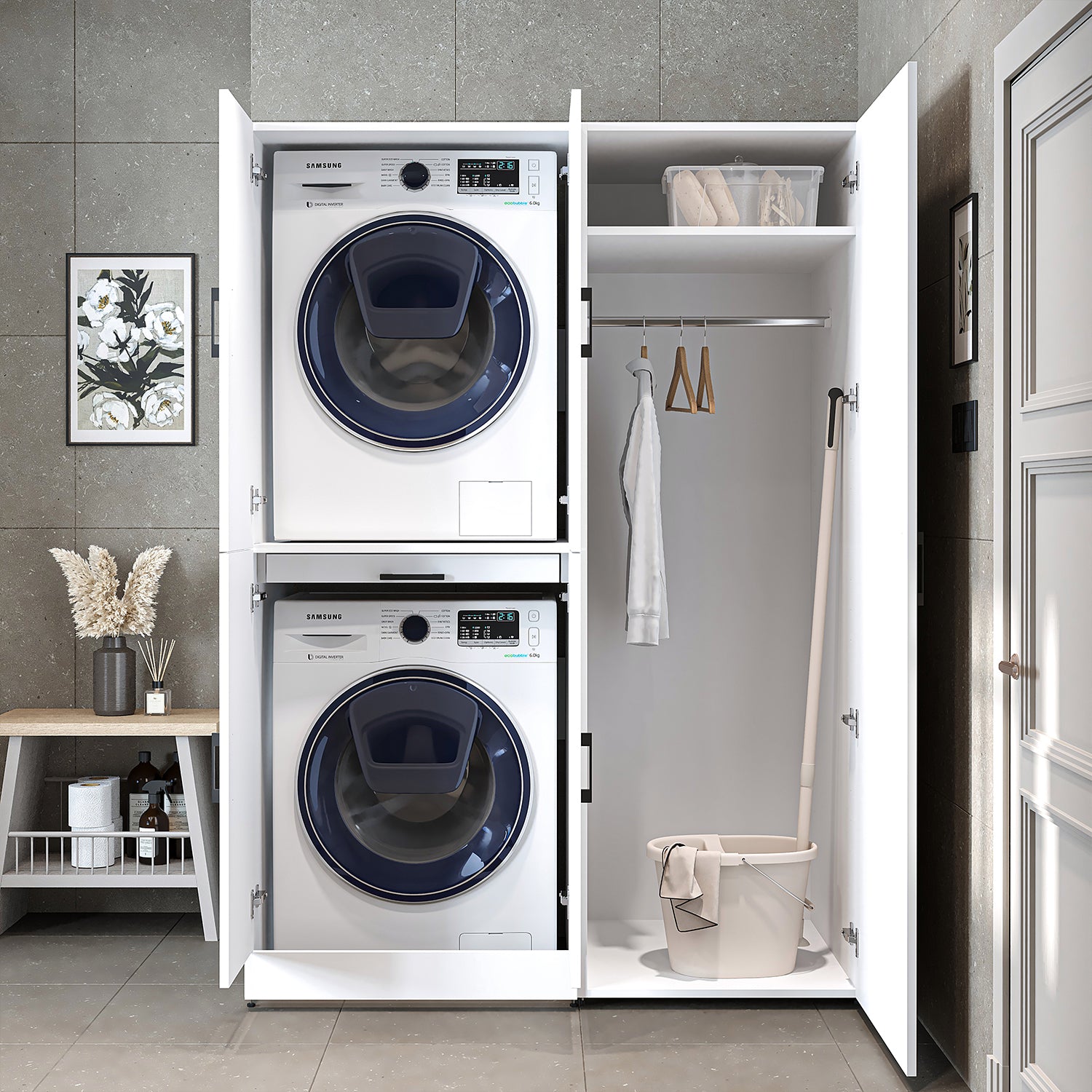 Roomart washing machine cabinet " DORA SET" for dryer & washing machine, 130 cm wide, in 4 colors, with doors & pull-out shelf - white - white oak - anthracite oak - oak - washing machine cabinet, washing machine shelf, washing tower, cabinet, white, washing machine