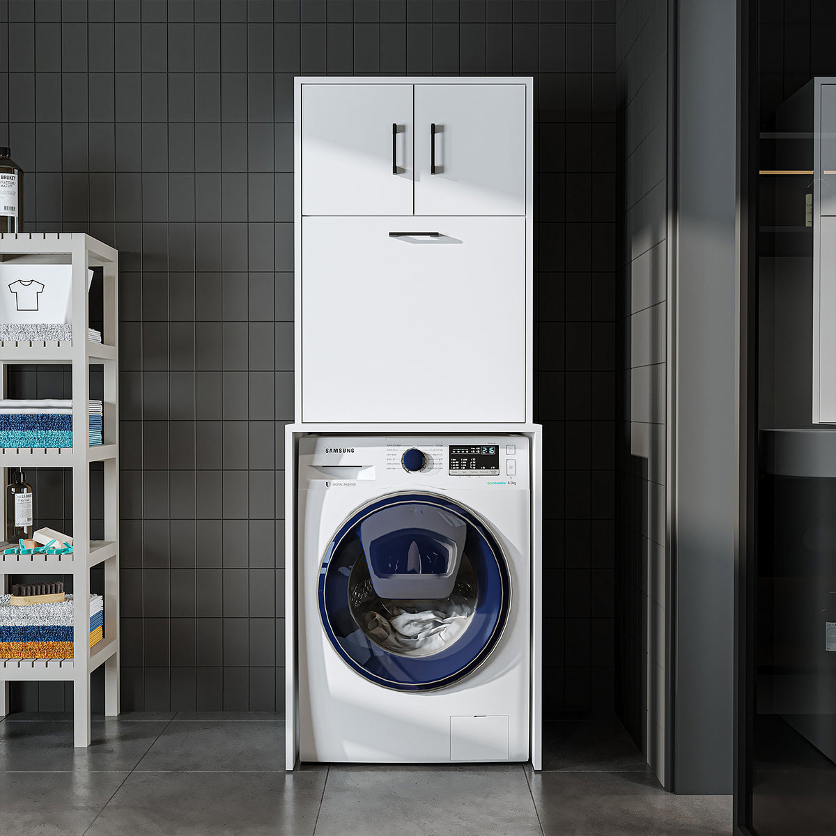 Roomart, washing machine cabinet LUNA, washing machine superstructure with laundry basket, WDH: 65 X 181 X 65 cm, in white, oak, anthracite oak, oak - washing machine cabinet, washing machine shelf, washing tower, cabinet, white, washing machines, base cabinet, washing machine, t