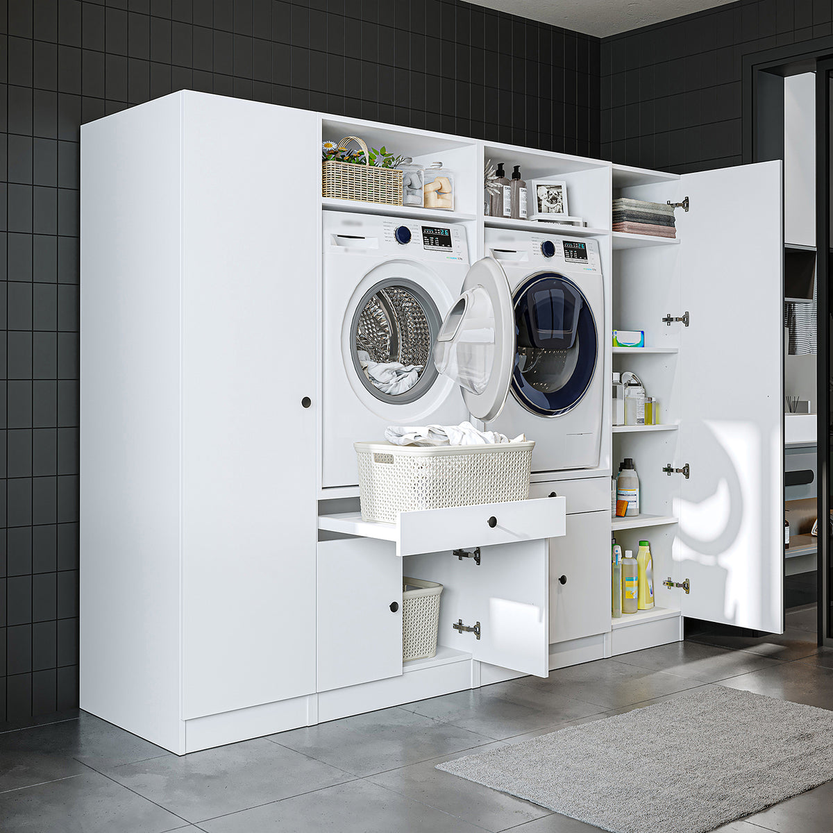 Ver detalles de Roomart Armario para lavadora y mueble alto para lavadero y cuarto de servicio - 224 cm de ancho - con práctico estante extraíble - disponible en blanco, roble o roble negro Roomart Armario para lavadora y mueble alto para lavadero y cuarto de servicio - 224 cm de ancho - con práctico estante extraíble - disponible en blanco, roble o roble negro