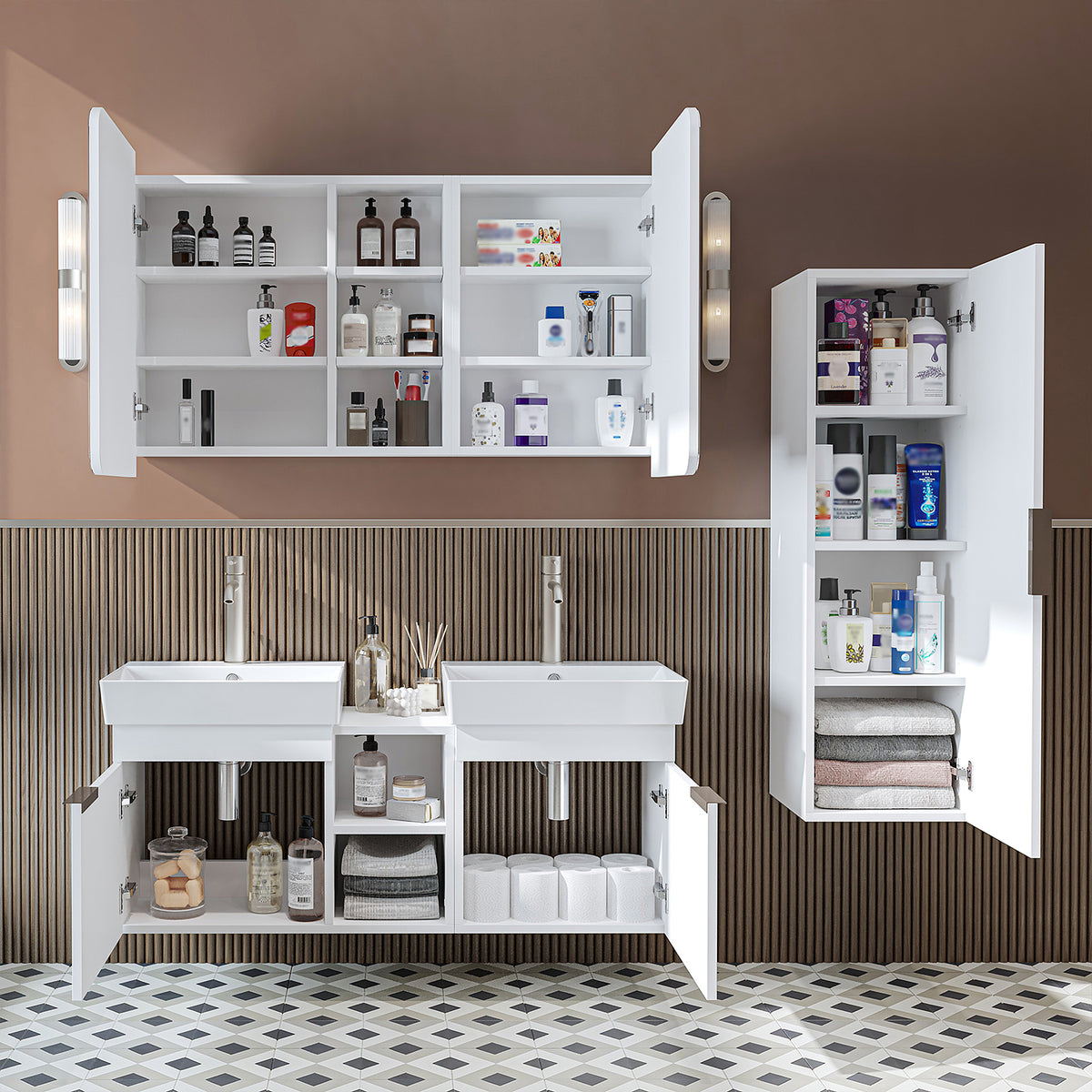 Roomart Badmöbel-Set LYCIA 120 cm, 4-teilig mit Doppelwaschtisch und Spiegelschrank, in 4 Farben