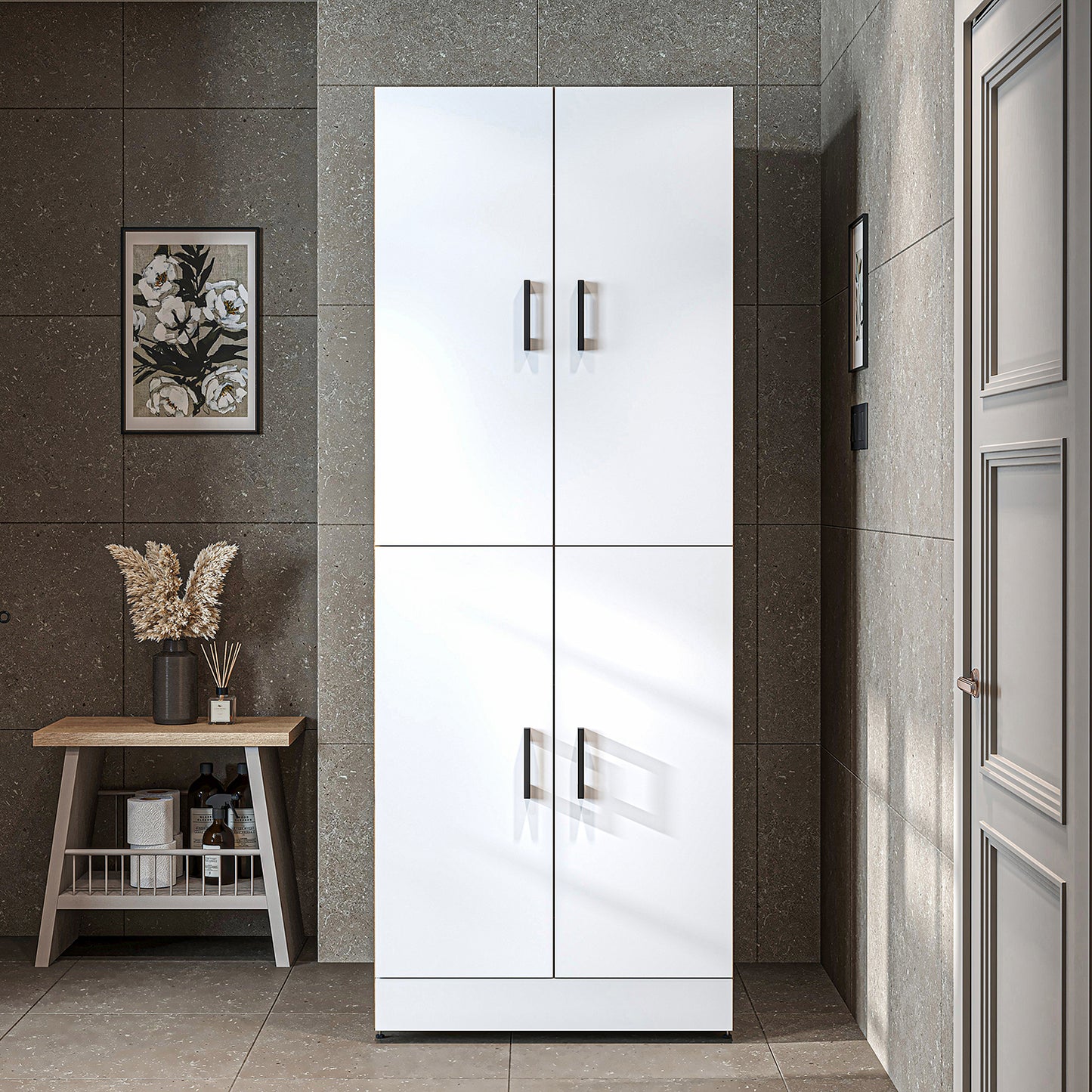 Roomart Waschmaschinenschrank " DORA " für Trockner & Waschmaschine, in 4 Farben, mit Türen & Ausziehbrett • Weiß • Weiß Eiche • Anthrazit Eiche • Eiche - waschmaschinenschrank, waschmaschinenregal, waschturm, schrank, weiß, waschmaschinen, unterschrank,