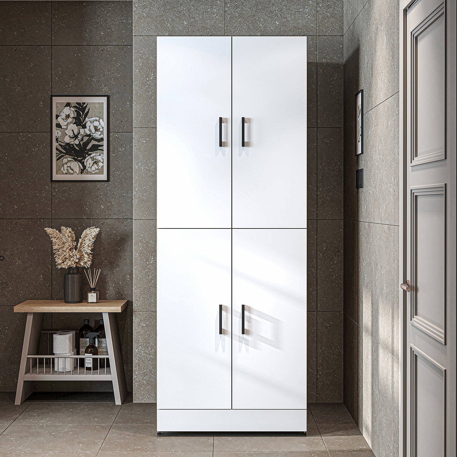 Roomart Waschmaschinenschrank " DORA " für Trockner & Waschmaschine, in 4 Farben, mit Türen & Ausziehbrett • Weiß • Weiß Eiche • Anthrazit Eiche • Eiche - waschmaschinenschrank, waschmaschinenregal, waschturm, schrank, weiß, waschmaschinen, unterschrank,
