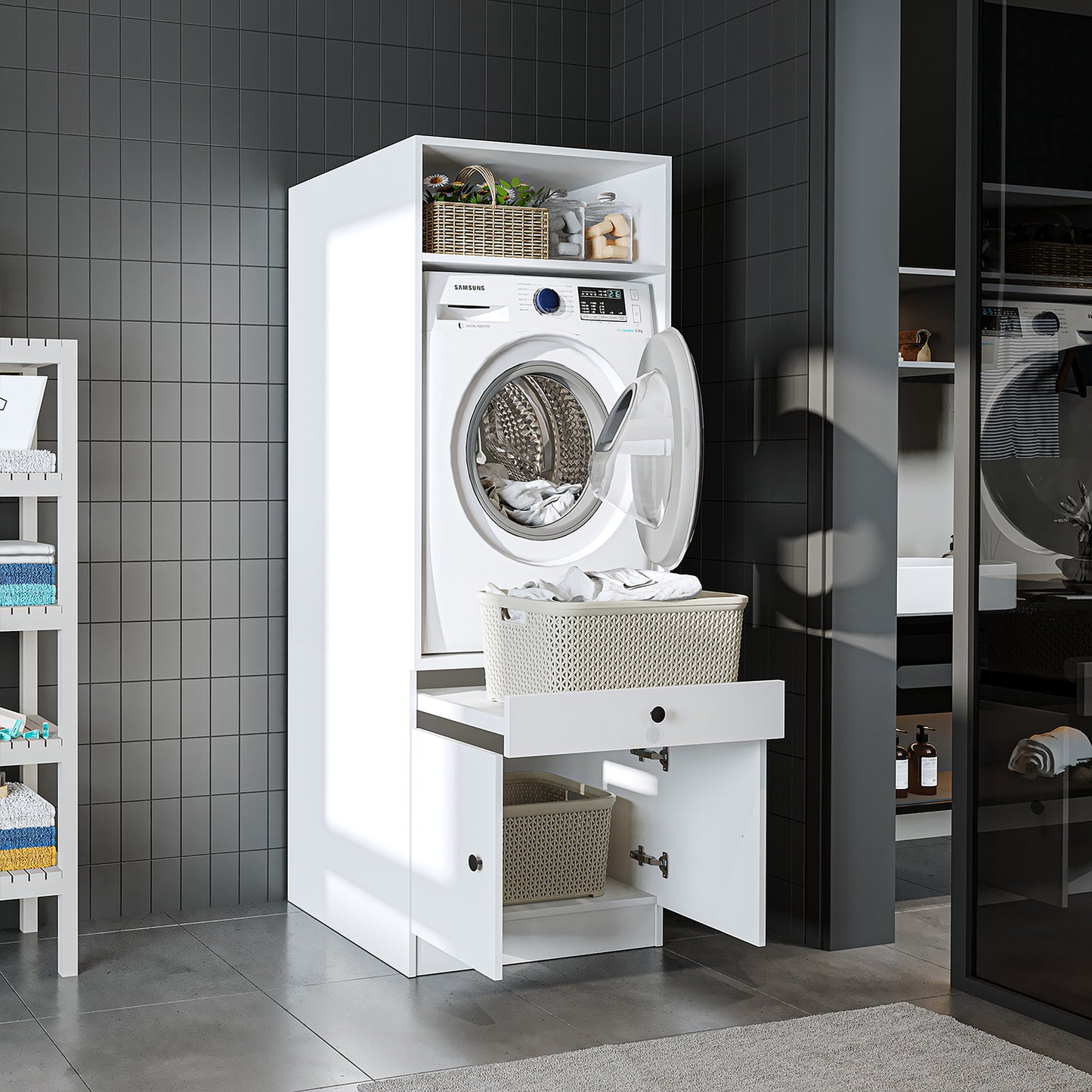 Roomart Armario para lavadora con estante extraíble - Blanco - Roble - Roble negro - armario para lavadora, estante para lavadora, torre de lavado, armario, blanco, lavadoras, armario bajo, lavadora, secadora, armario doméstico, armarios, armario de baño, armario alto