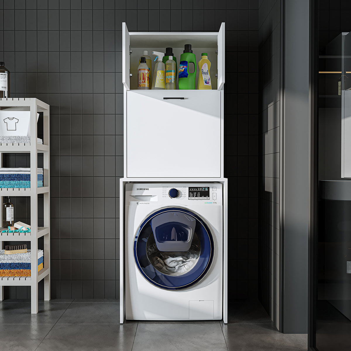 Roomart, washing machine cabinet LUNA, washing machine superstructure with laundry basket, WDH: 65 X 181 X 65 cm, in white, oak, anthracite oak, oak - washing machine cabinet, washing machine shelf, washing tower, cabinet, white, washing machines, base cabinet, washing machine, t