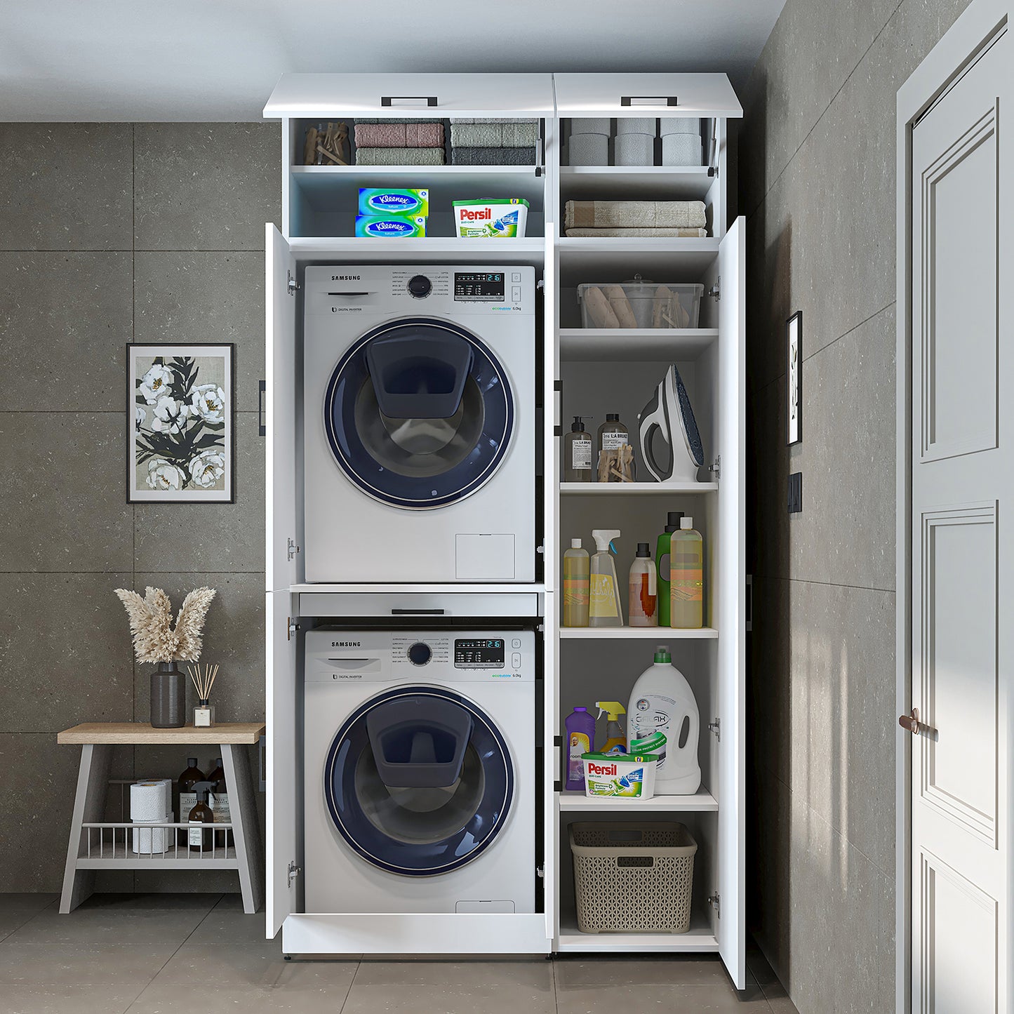 Roomart Waschmaschinenschrank " DORA SET" für Trockner & Waschmaschine, 115 cm breit, in 4 Farben, mit Türen & Ausziehbrett • Weiß • Weiß Eiche • Anthrazit Eiche • Eiche
