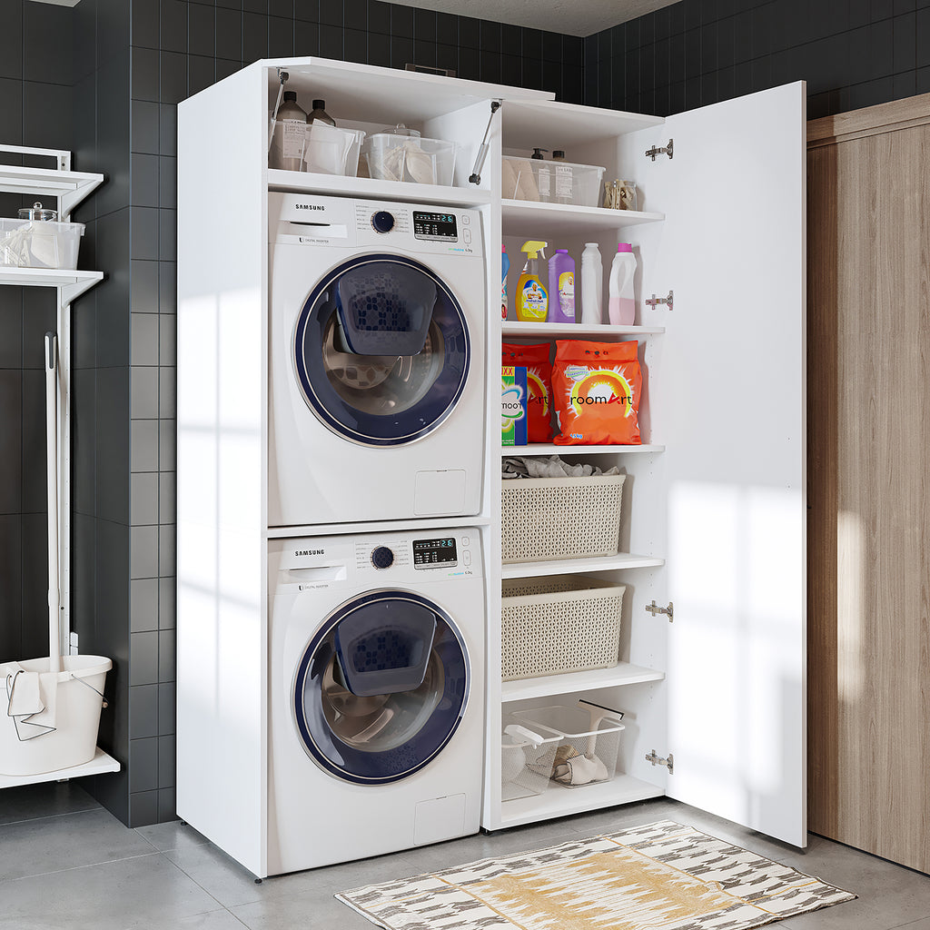 Roomart DUO Waschmaschinenschrank Trockner auf Waschmaschine • 127 cm breit • Weiß, Eiche Waschmaschinenschrank - waschmaschinenschrank, waschmaschinenregal, waschturm, schrank, weiß, waschmaschinen, unterschrank, waschmaschine, trockner, haushaltsschrank