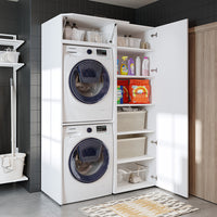 Roomart DUO Waschmaschinenschrank Trockner auf Waschmaschine • 127 cm breit • Weiß, Eiche Waschmaschinenschrank - waschmaschinenschrank, waschmaschinenregal, waschturm, schrank, weiß, waschmaschinen, unterschrank, waschmaschine, trockner, haushaltsschrank