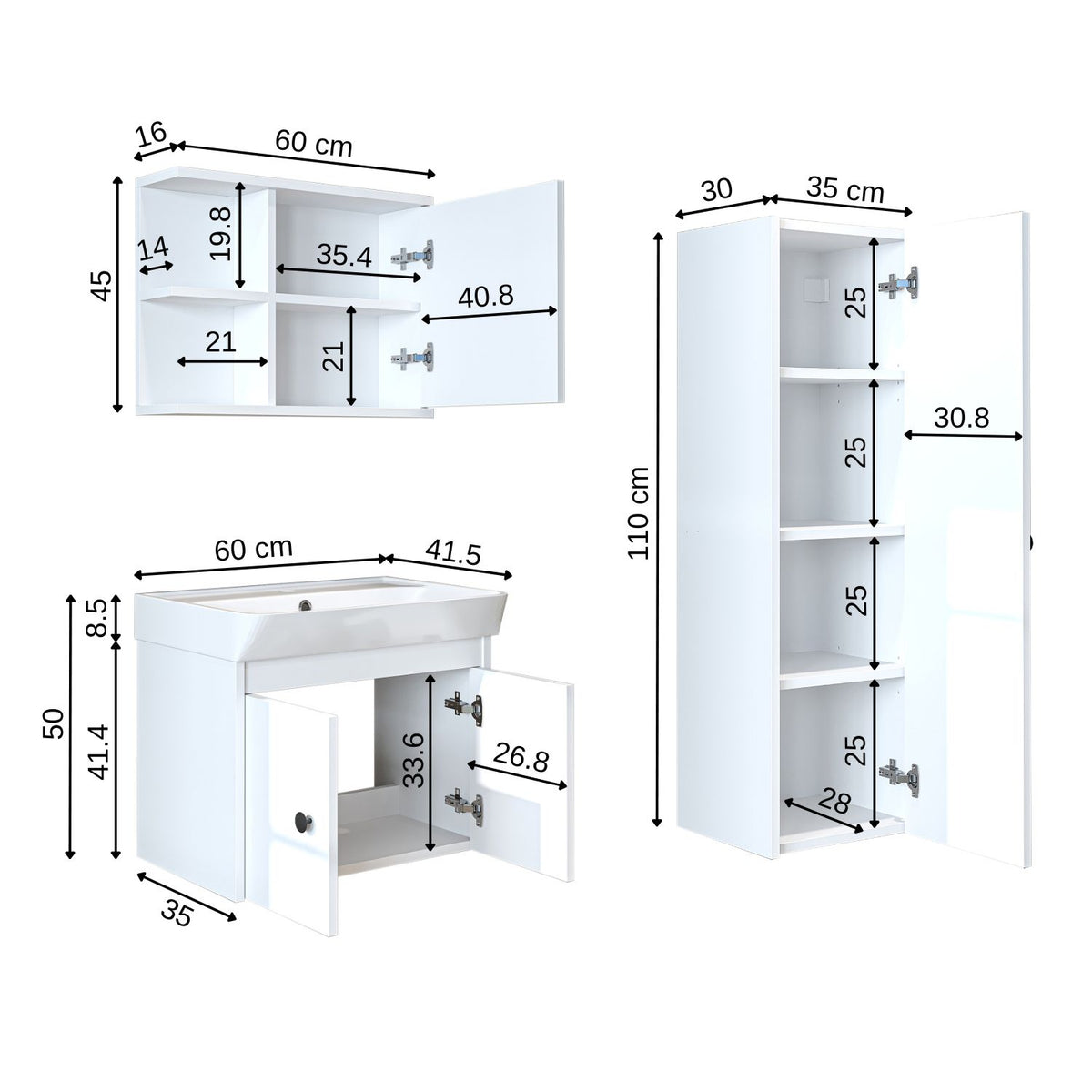 Roomart 4-teiliges Badmöbel-Set ADA, 60 cm, mit Waschbecken und Hochschrank, in 5 Farben