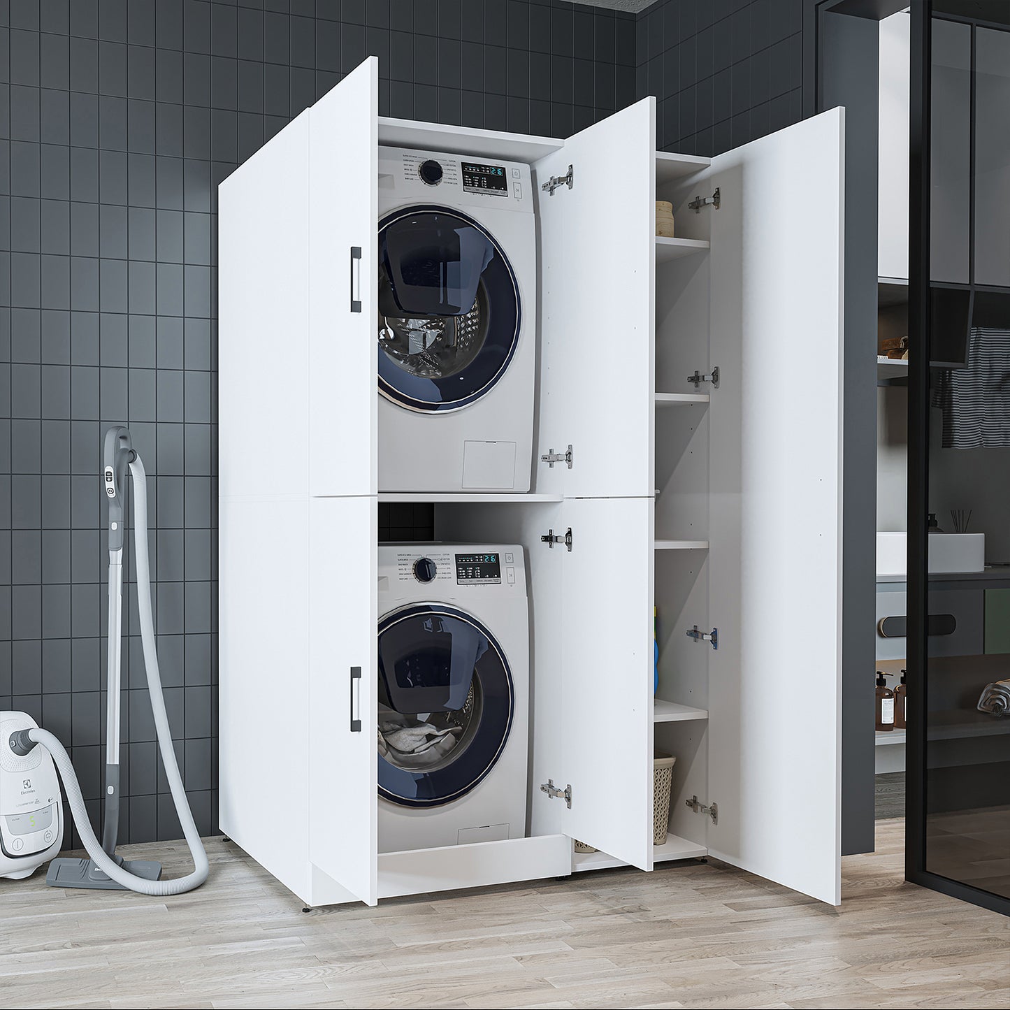 Roomart Waschmaschinenschrank „DORA 115 cm Breit“ für Waschmaschine & Trockner mit Regalböden, in 5 Farben • Weiß • Weiß Eiche • Anthrazit Eiche • Eiche • Schwarz Eiche