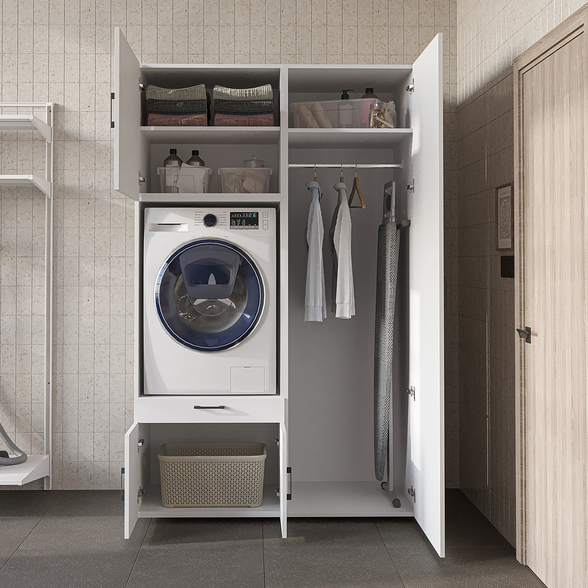 Roomart Waschmaschinenschrank 127 cm mit Hochschrank, 236 cm hoch, Ausziehbrett, in 3 Farben