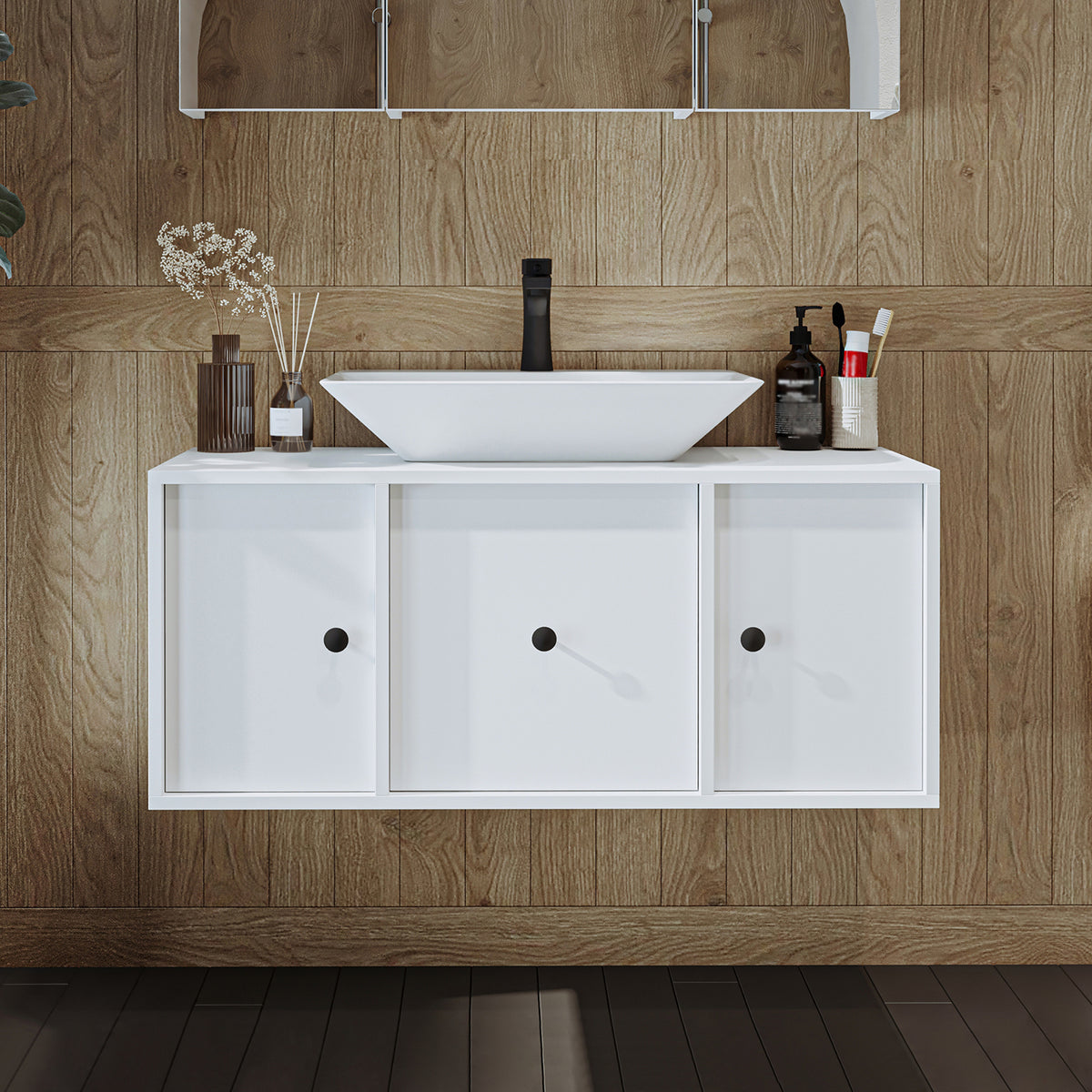 Roomart Badmöbel-Set GUSTO-ATL 105 cm, 4-teilig mit Keramik-Waschbecken und Spiegelschrank
