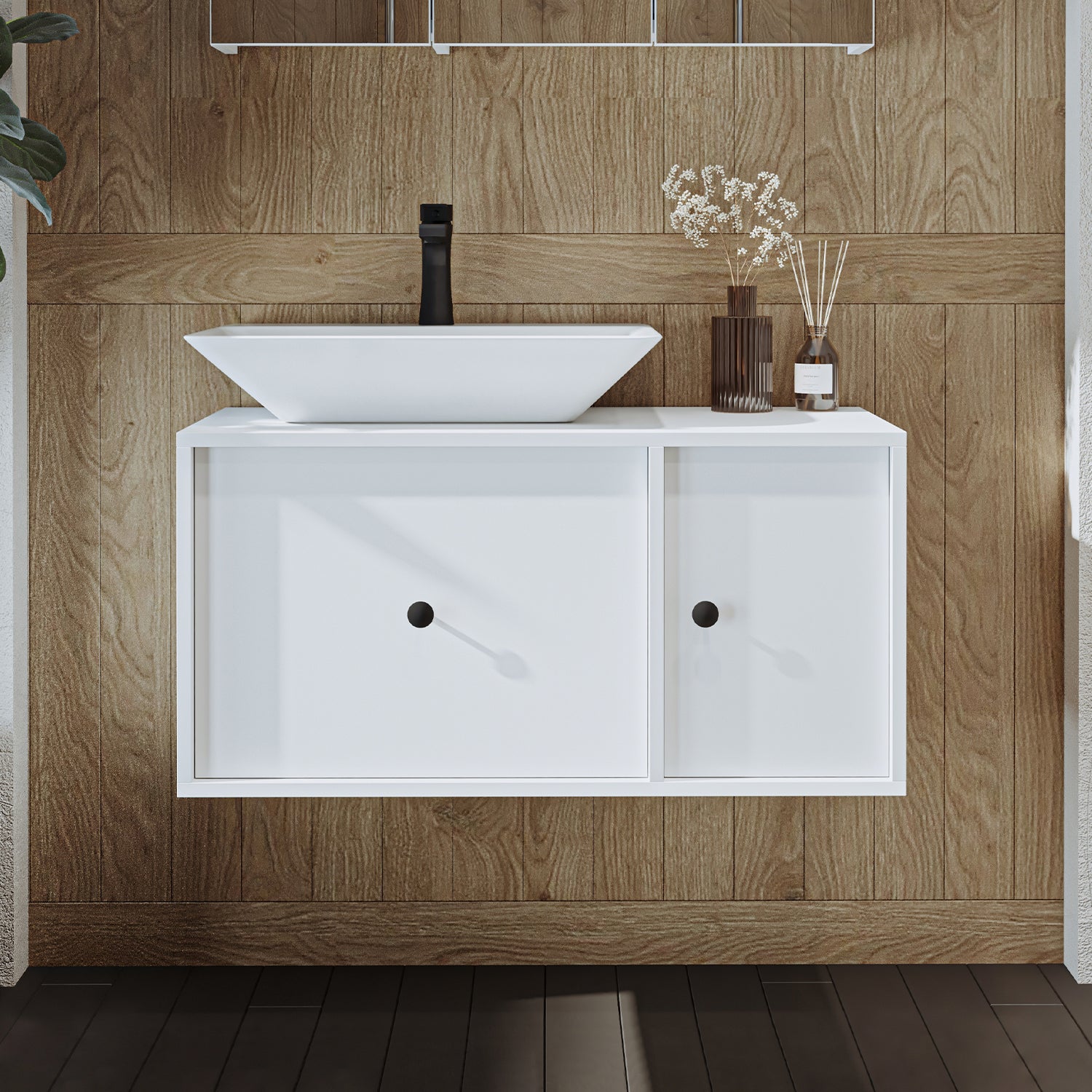 Roomart Badezimmermöbel GUSTO-ATL 90 cm – Keramik Waschbecken &/oder Unterschrank – Modernes Design – Varianten wählbar – Eiche oder Weiß - badezimmerschrank, waschbecken, badezimmermöbel, badschrank, badezimmer, mit, unterschrank, badmöbel, set, waschtis