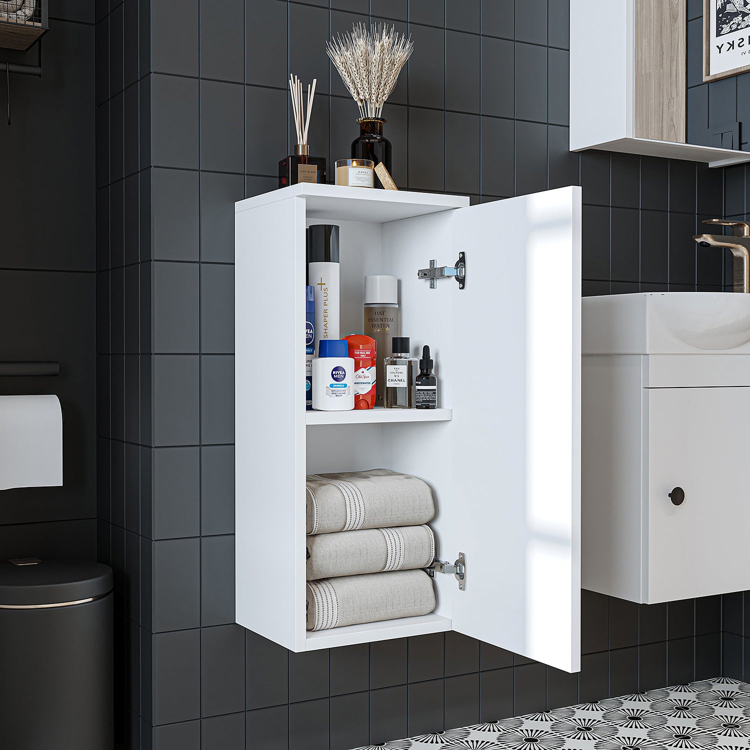 Roomart armario lateral "Punto" - moderno, compacto armario de pared para baño de 70 cm con cierre suave - en blanco, roble blanco, roble o roble antracita - armario de pared, pared, armario alto, armario alto blanco, 60 cm de ancho, cocina, lavadero, salón, estrecho, 40 cm de ancho