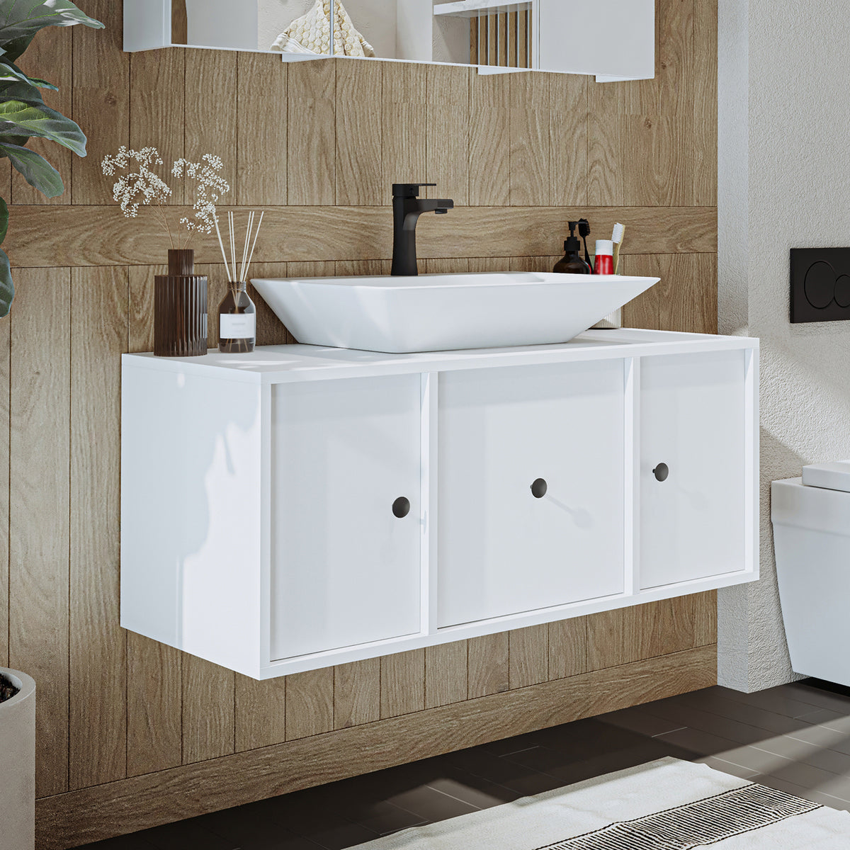 Roomart Badmöbel-Set GUSTO-ATL 105 cm, 4-teilig mit Keramik-Waschbecken und Spiegelschrank