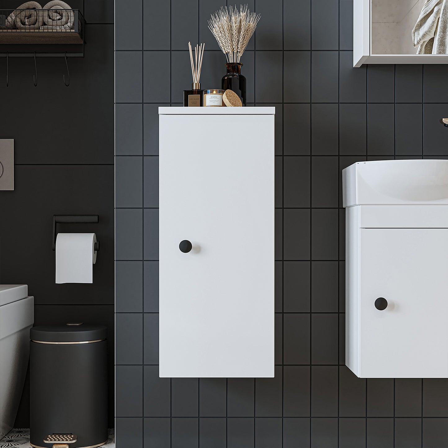 Roomart armario lateral "Punto" - moderno, compacto armario de pared para baño de 70 cm con cierre suave - en blanco, roble blanco, roble o roble antracita - armario de pared, pared, armario alto, armario alto blanco, 60 cm de ancho, cocina, lavadero, salón, estrecho, 40 cm de ancho