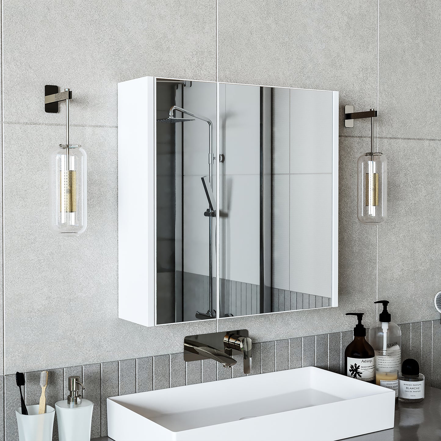 Roomart juego de muebles de baño ATLANTIC 4 piezas, en 5 colores, mueble de baño de 65 cm con lavabo de cerámica - armario con espejo - armario alto - armario con espejo de 80 cm de ancho, armarios con espejo para baño, armario con espejo para baño con iluminación, armario alibert, armario de baño con
