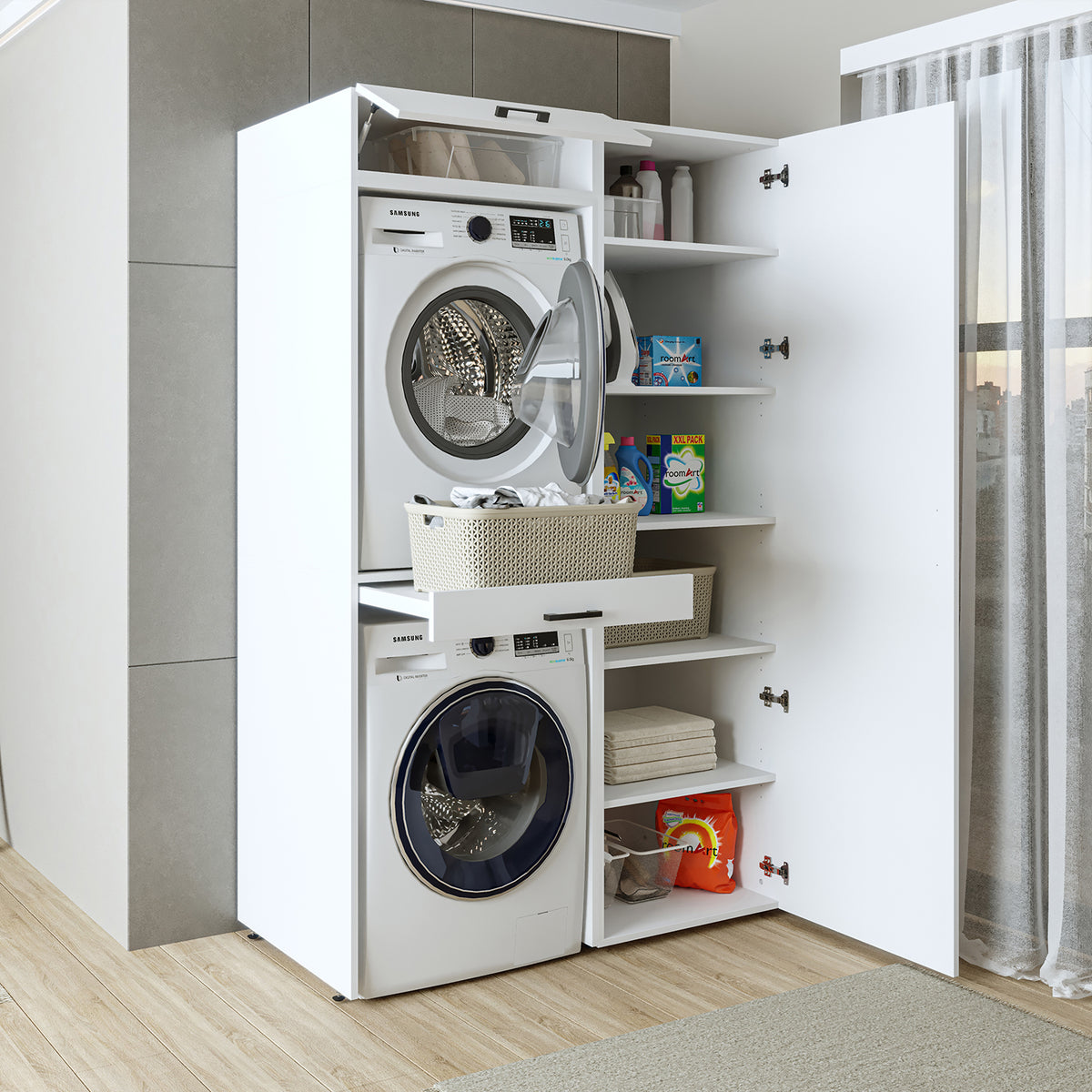 Roomart Waschmaschinenschrank DUO-I, 127 cm, Überbauschrank für Waschmaschine & Trockner, in 3 Farben