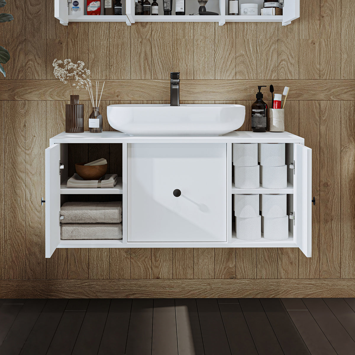 Roomart Badmöbel-Set GUSTO 105 cm, 4-teilig mit Keramik-Waschbecken und Spiegelschrank in 2 Farben