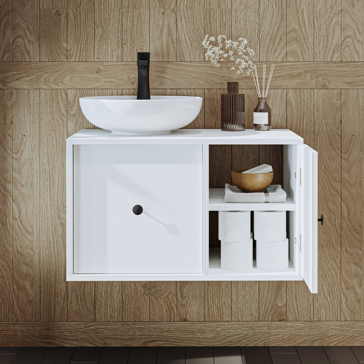Roomart bathroom furniture GUSTO 75 cm - Ceramic washbasin &/or vanity unit - Modern design - Choice of variants - Oak or white - bathroom cabinet, washbasin, bathroom furniture, bathroom cabinet, bathroom, with, vanity unit, bathroom furniture, set, washbasin,