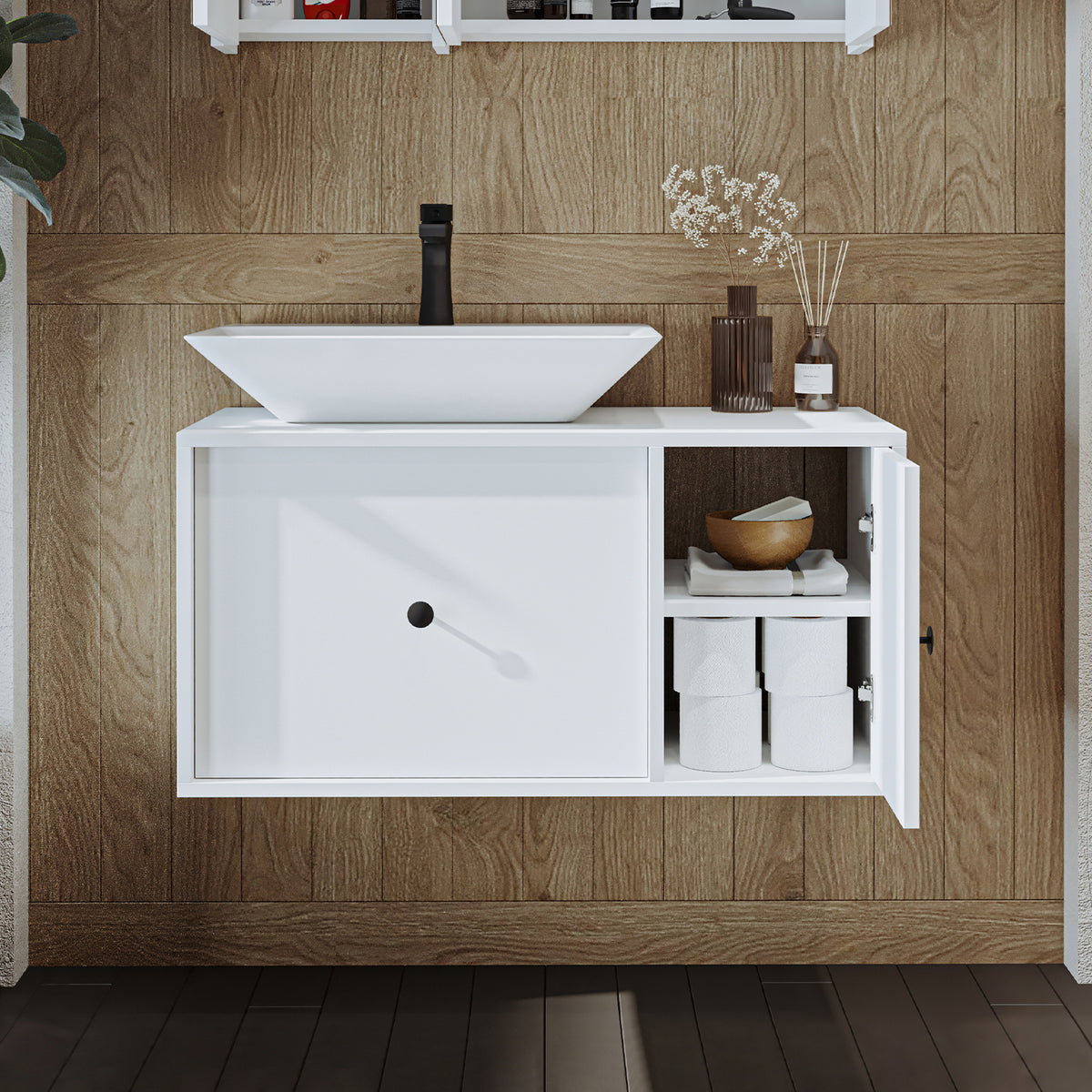 Roomart Badezimmermöbel GUSTO-ATL 90 cm – Keramik Waschbecken &/oder Unterschrank – Modernes Design – Varianten wählbar – Eiche oder Weiß - badezimmerschrank, waschbecken, badezimmermöbel, badschrank, badezimmer, mit, unterschrank, badmöbel, set, waschtis