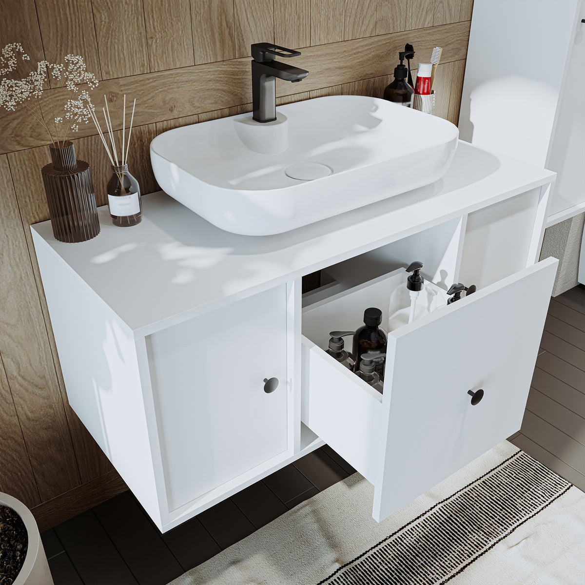 Roomart Badmöbel-Set GUSTO 105 cm, 4-teilig mit Keramik-Waschbecken und Spiegelschrank in 2 Farben