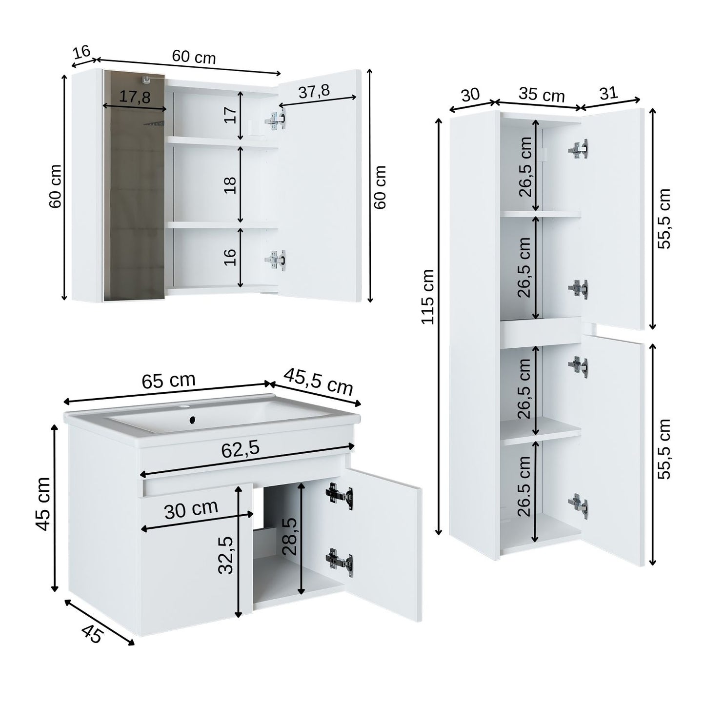 Roomart Ensemble de meubles de salle de bain ATRIA 65 cm Armoire basse avec lavabo Armoire haute - miroir salle de bain, armoire miroir salle de bain largeur 60 cm, armoire miroir salle de bain, armoire miroir avec éclairage, armoire miroir largeur 80 cm, armoires miroir pour salle de bain, miroir