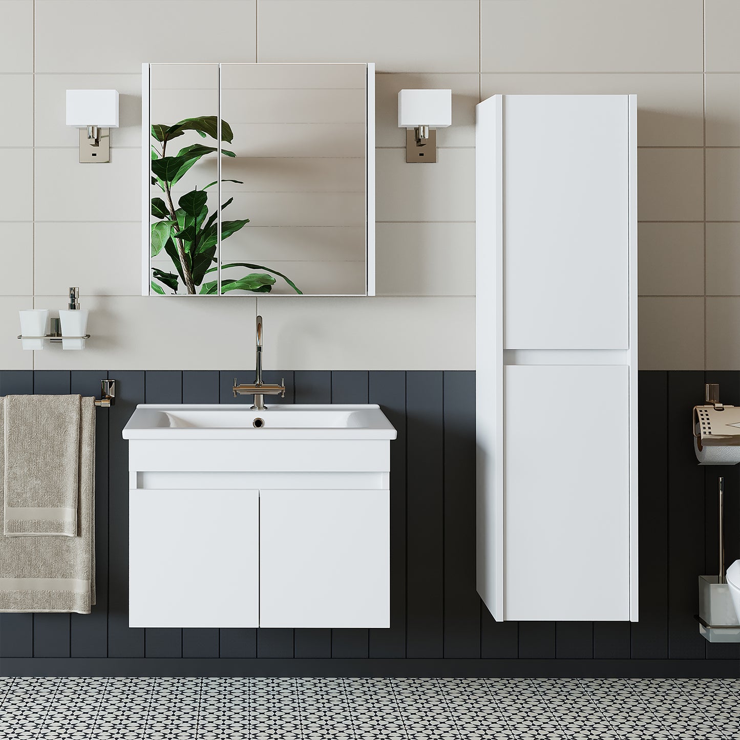 Roomart Ensemble de meubles de salle de bain ATRIA 65 cm Armoire basse avec lavabo Armoire haute - miroir salle de bain, armoire miroir salle de bain largeur 60 cm, armoire miroir salle de bain, armoire miroir avec éclairage, armoire miroir largeur 80 cm, armoires miroir pour salle de bain, miroir