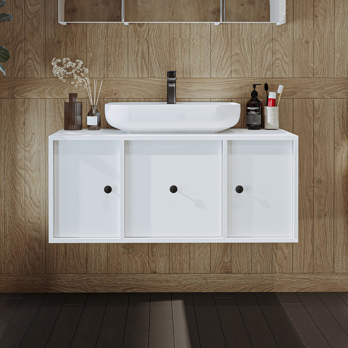 Roomart Badmöbel-Set GUSTO 105 cm, 4-teilig mit Keramik-Waschbecken und Spiegelschrank in 2 Farben