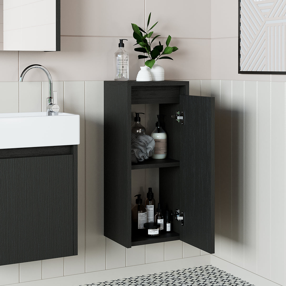 Roomart Badezimmer Seitenschrank, 30 cm, hängend mit Tür und offenem Fach, in 5 Farben