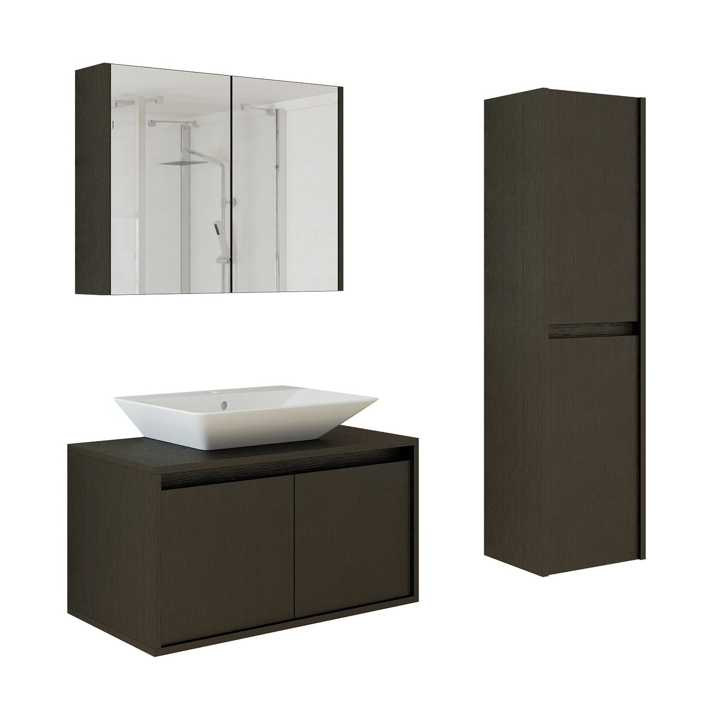 Roomart Badmöbel Set ATLANTIC 4-teilig 85 cm in 5 Farben Unterschrank mit Keramikwaschbecken • Spiegelschrank • Hochschrank