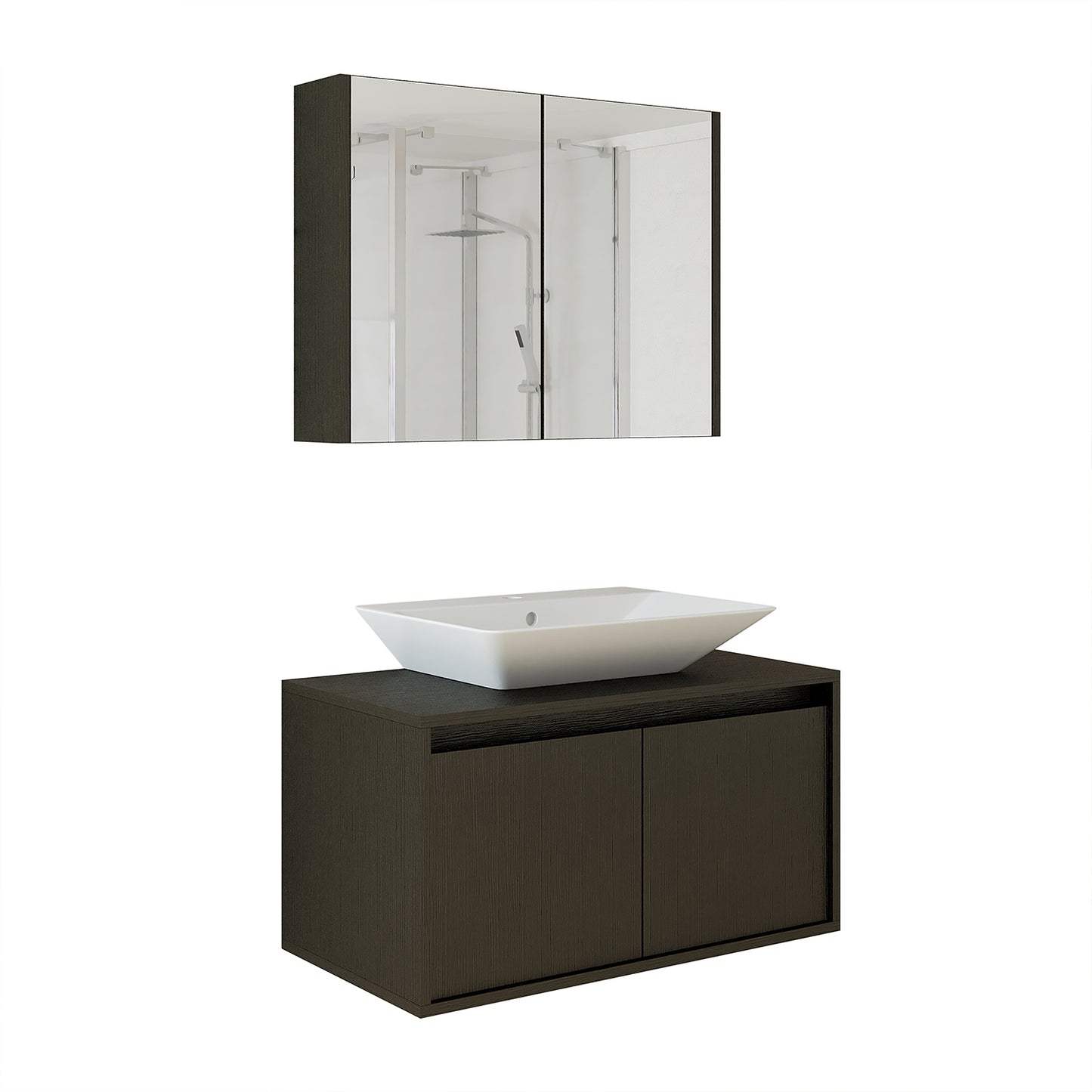 Roomart • Badmöbel Set • ATLANTIC • 3 Teilig • 85 cm Unterschrank mit Keramikwaschbecken • Spiegelschrank
