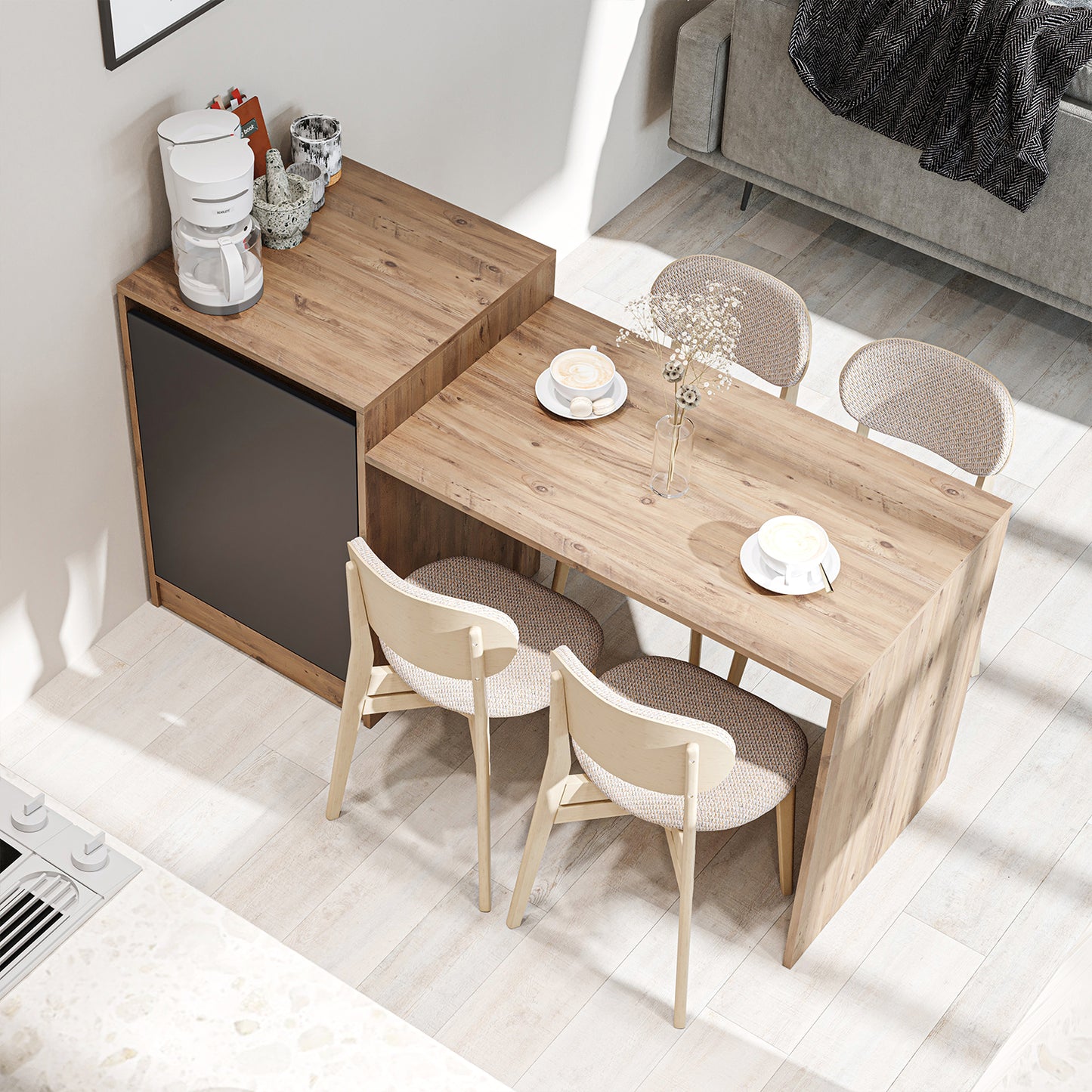 Ilot de cuisine avec table à manger, bloc de cuisine avec siège, coin repas cuisine, meubles de cuisine gain de place, îlot de cuisine multifonctionnel, îlot de cuisine avec espace de rangement, table de cuisine avec espace de rangement, comptoir de cuisine avec chaises, table à manger avec espace de rangement intégré, Aménager une petite cuisine, Meubles de cuisine modernes, Cuisine design scandinave, Cuisine pour petits espaces, Ilot de cuisine extensible (si applicable), Bar à petit déjeuner cuisine, Séparation de pièce cuisine, Table de bar, anthracite, chêne, blanc, oak, aspect bois