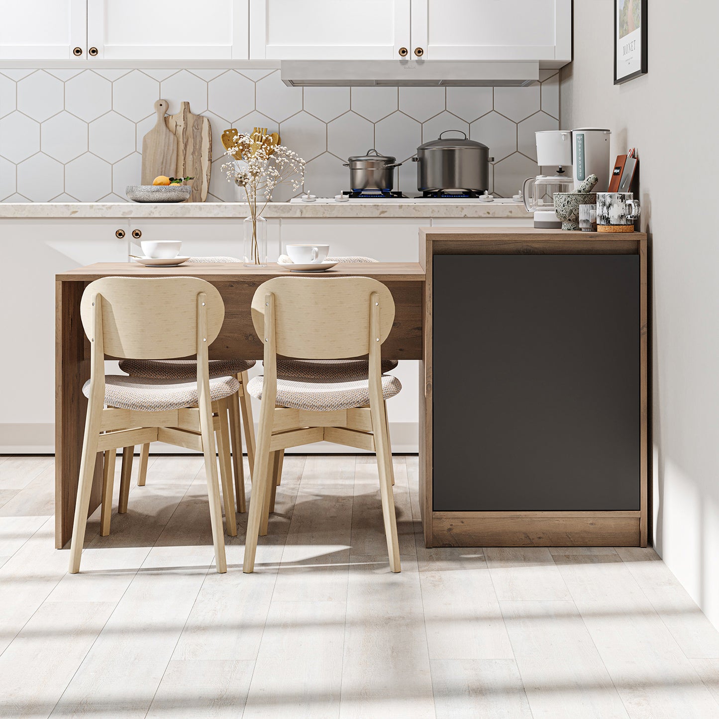 Ilot de cuisine avec table à manger, bloc de cuisine avec siège, coin repas cuisine, meubles de cuisine gain de place, îlot de cuisine multifonctionnel, îlot de cuisine avec espace de rangement, table de cuisine avec espace de rangement, comptoir de cuisine avec chaises, table à manger avec espace de rangement intégré, Aménager une petite cuisine, Meubles de cuisine modernes, Cuisine design scandinave, Cuisine pour petits espaces, Ilot de cuisine extensible (si applicable), Bar à petit déjeuner cuisine, Séparation de pièce cuisine, Table de bar, anthracite, chêne, blanc, oak, aspect bois