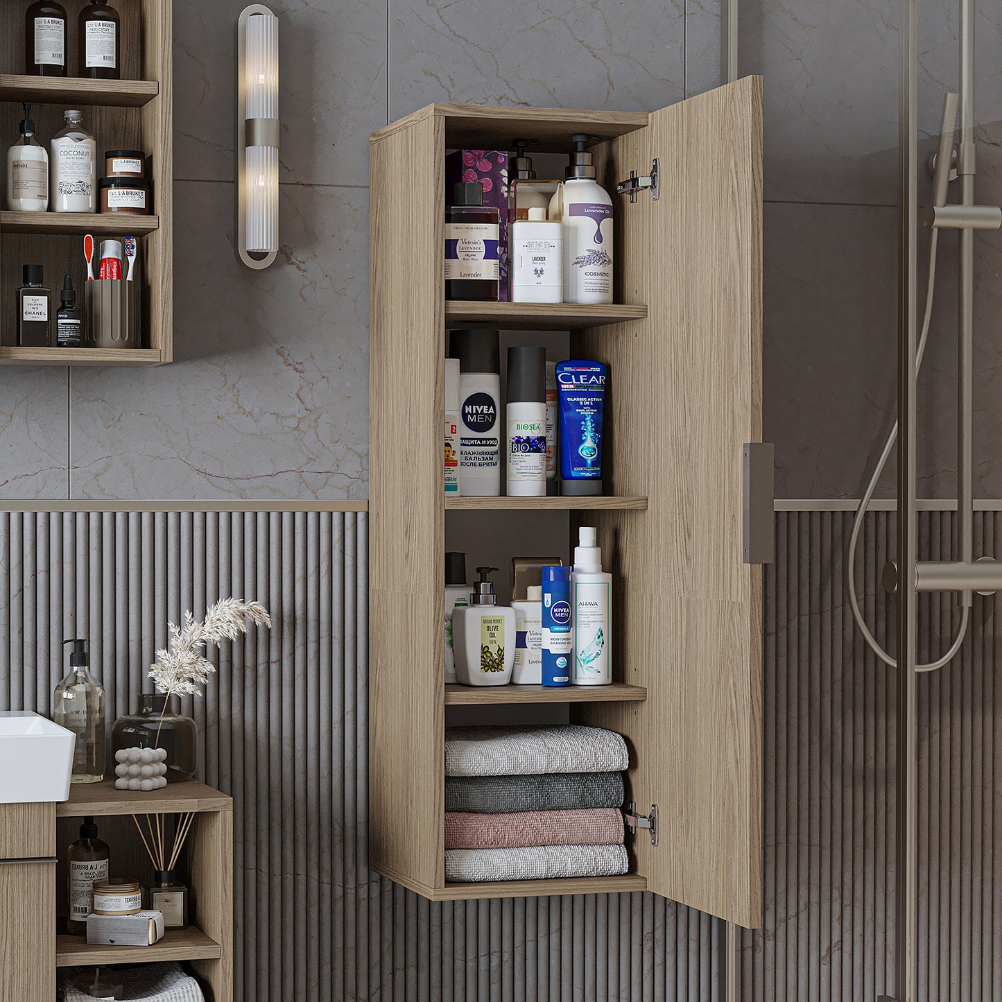 ROOMART Badmöbelset LYCIA 50 cm Unterschrank mit Keramik-Waschbecken, Spiegelschrank, Seitenschrank, Badezimmermöbel in 4 Farben