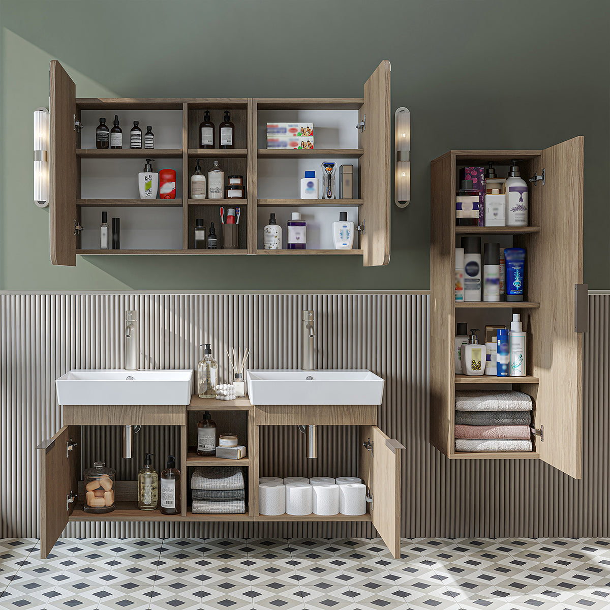 Roomart Badmöbel-Set LYCIA 120 cm, 4-teilig mit Doppelwaschtisch und Spiegelschrank, in 4 Farben
