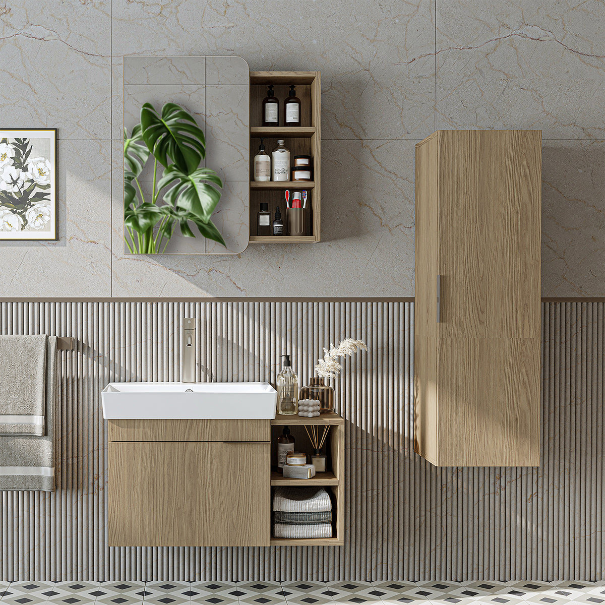 Roomart Badmöbel-Set LYCIA 82 cm, 4-teilig mit Spiegelschrank und Hochschrank, in 4 Farben