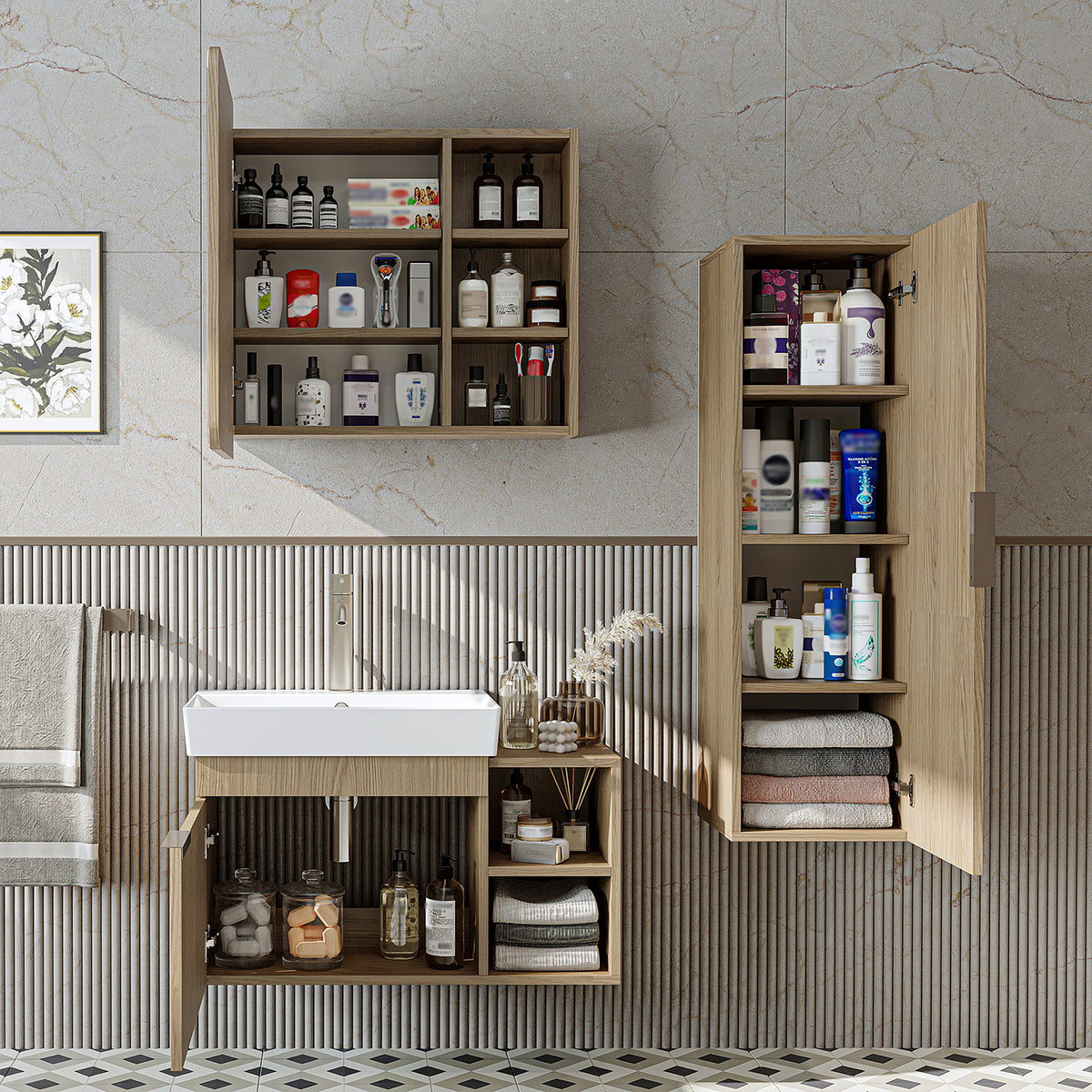Roomart Badmöbel-Set LYCIA 82 cm, 4-teilig mit Spiegelschrank und Hochschrank, in 4 Farben