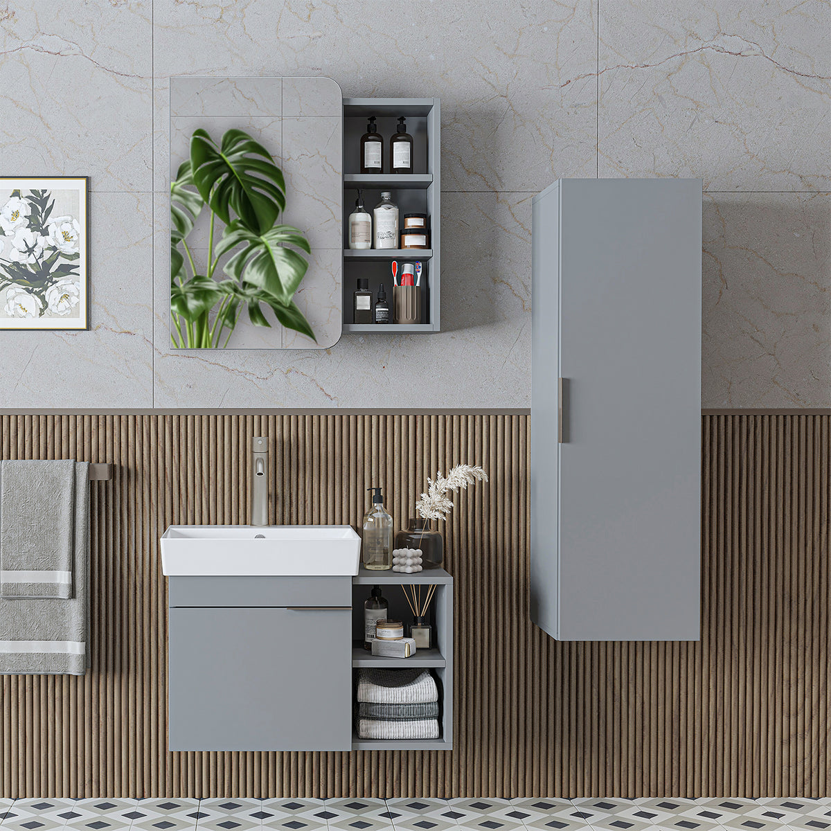 Roomart Badmöbel-Set LYCIA 72 cm, 4-teilig mit Spiegelschrank und Hochschrank, in 4 Farben