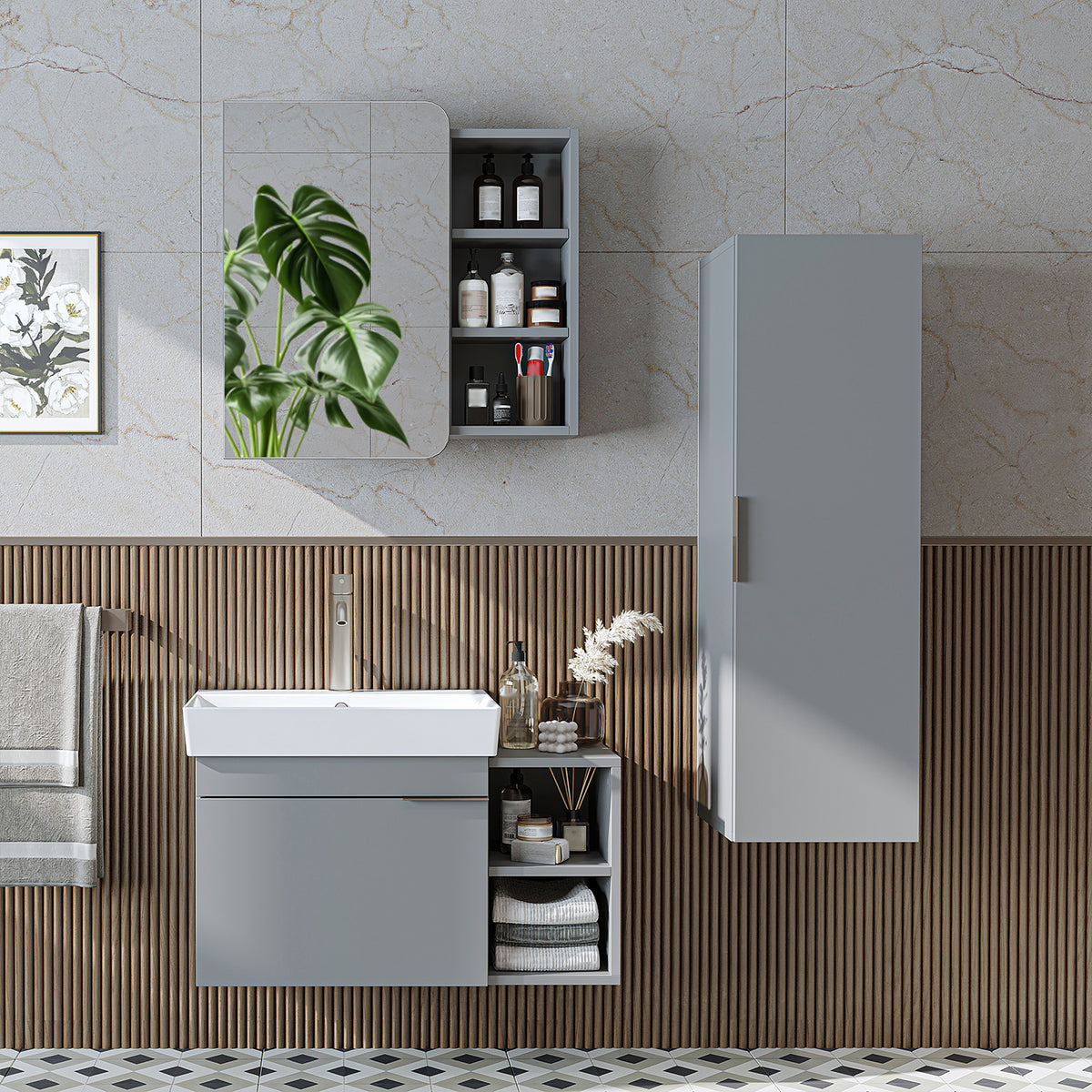Roomart Badmöbel-Set LYCIA 82 cm, 4-teilig mit Spiegelschrank und Hochschrank, in 4 Farben