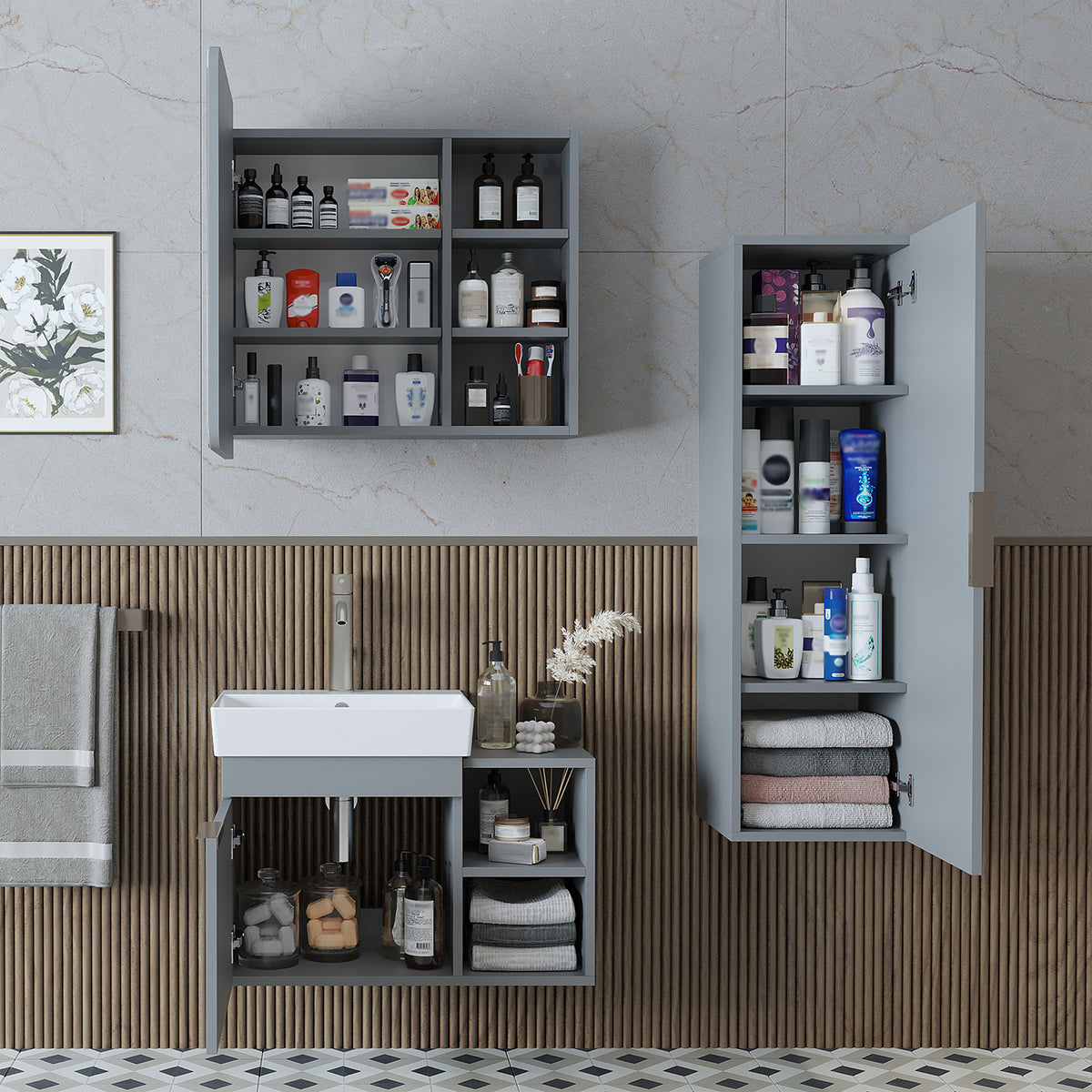 Roomart Badmöbel-Set LYCIA 72 cm, 4-teilig mit Spiegelschrank und Hochschrank, in 4 Farben