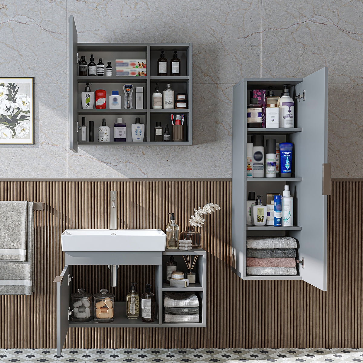 Roomart Badmöbel-Set LYCIA 82 cm, 4-teilig mit Spiegelschrank und Hochschrank, in 4 Farben