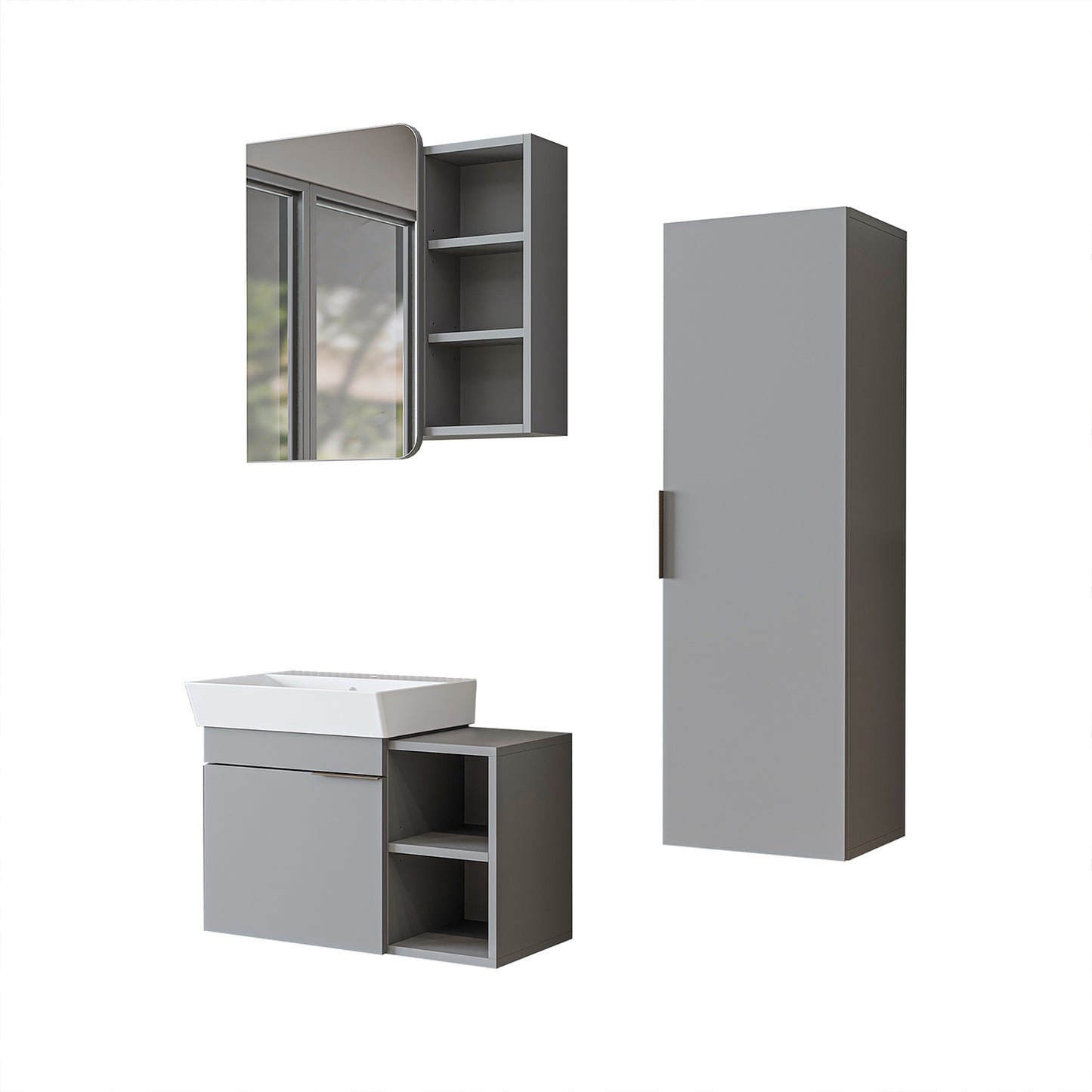 Roomart Badmöbel Set LYCIA 72 cm – 4-teiliges Badezimmermöbel-Set mit Keramik-Waschbecken, Spiegelschrank & Seitenschrank – Badmöbel in 4 Farben