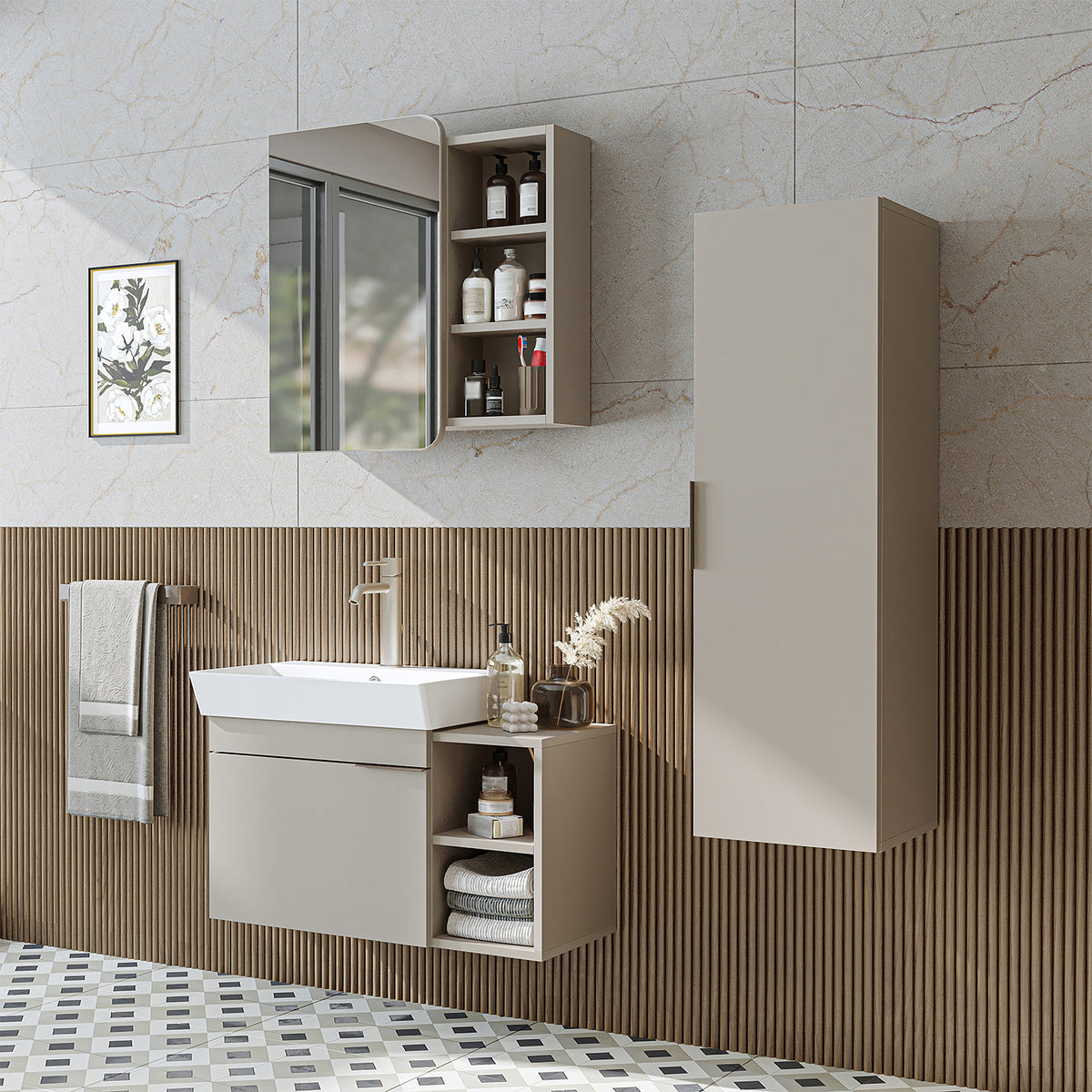 Roomart Badmöbel-Set LYCIA 82 cm, 4-teilig mit Spiegelschrank und Hochschrank, in 4 Farben
